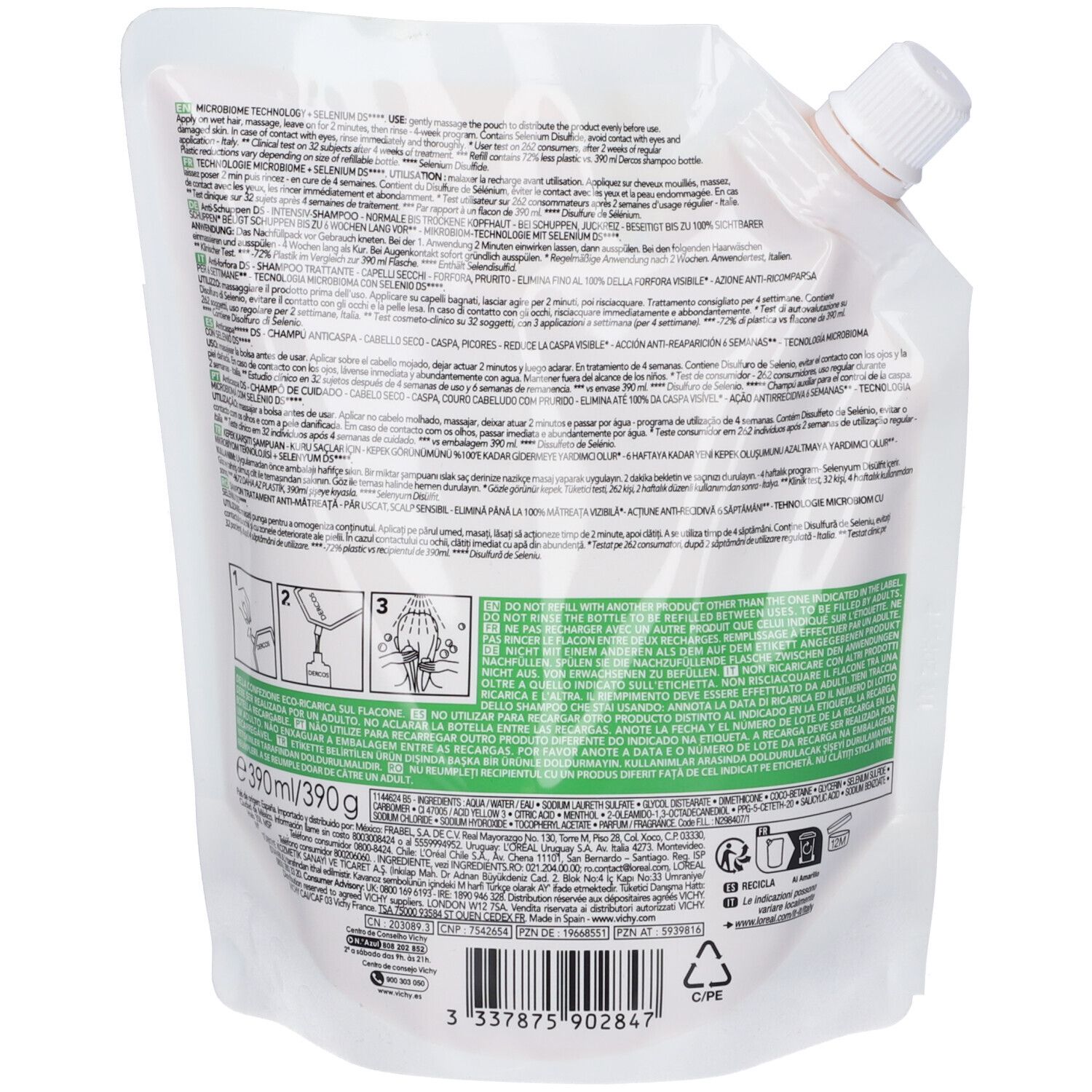 Retro della ricarica shampoo. Sacchetto bianco con testo e dettagli verdi. 390g/390ml. Vichy.