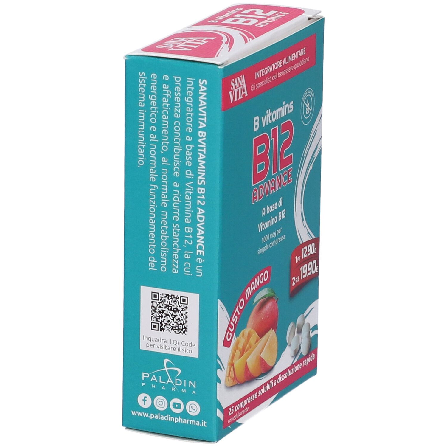 Scatola Sanavita B12 Advance, vista laterale. Testo: B vitamins B12 ADVANCE, codice QR, logo Paladin Pharma.