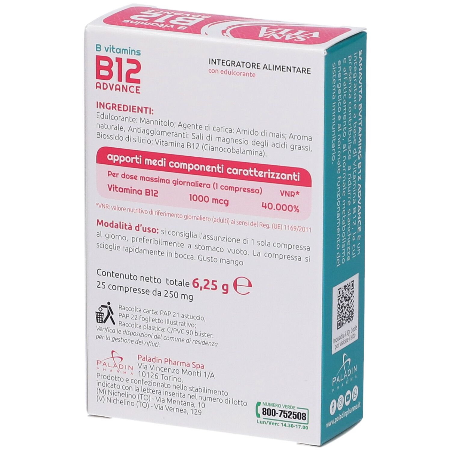 Retro della scatola Sanavita B12 Advance. Testo: B vitamins B12 ADVANCE, ingredienti, informazioni nutrizionali, 25 compresse.