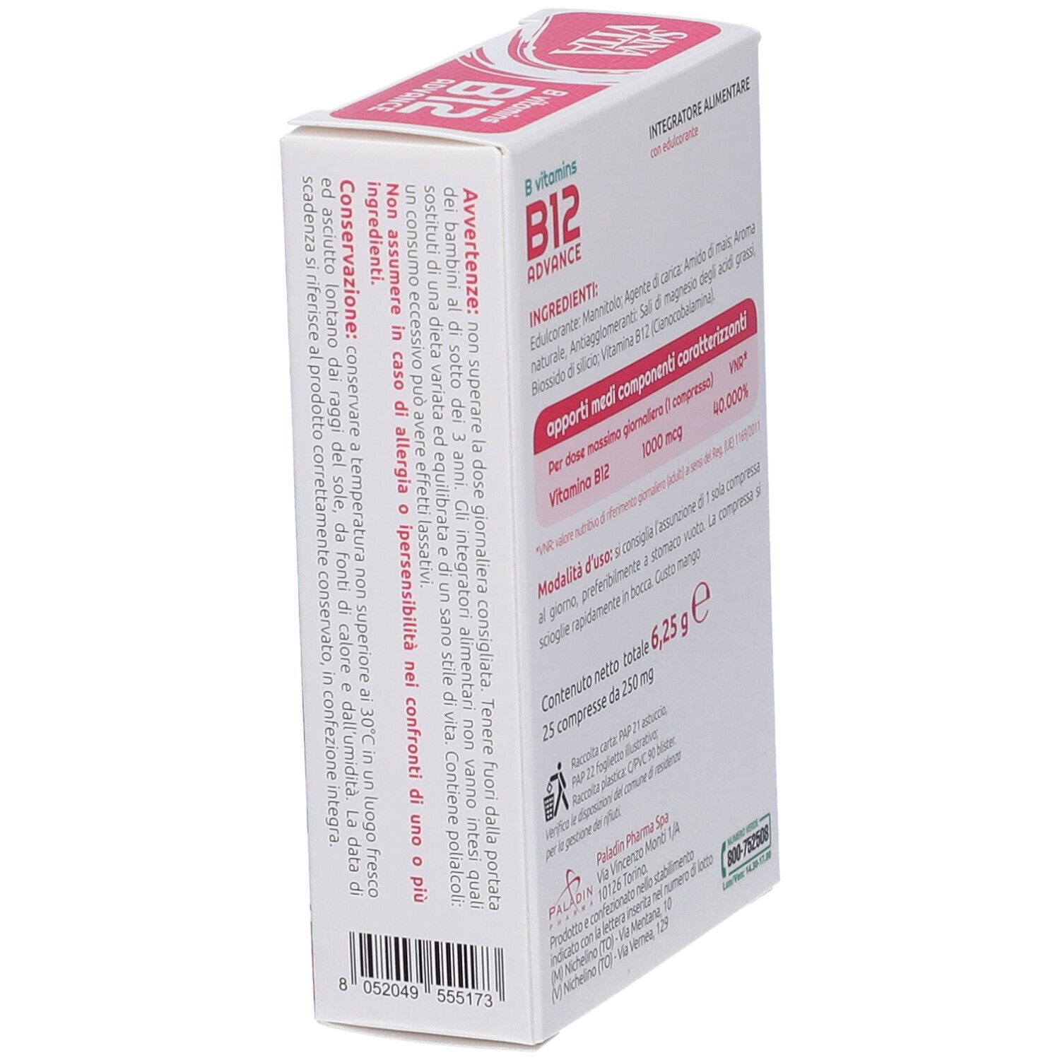 Scatola Sanavita B12 Advance, vista laterale. Testo: B vitamins B12 ADVANCE, avvertenze, ingredienti, 25 compresse.