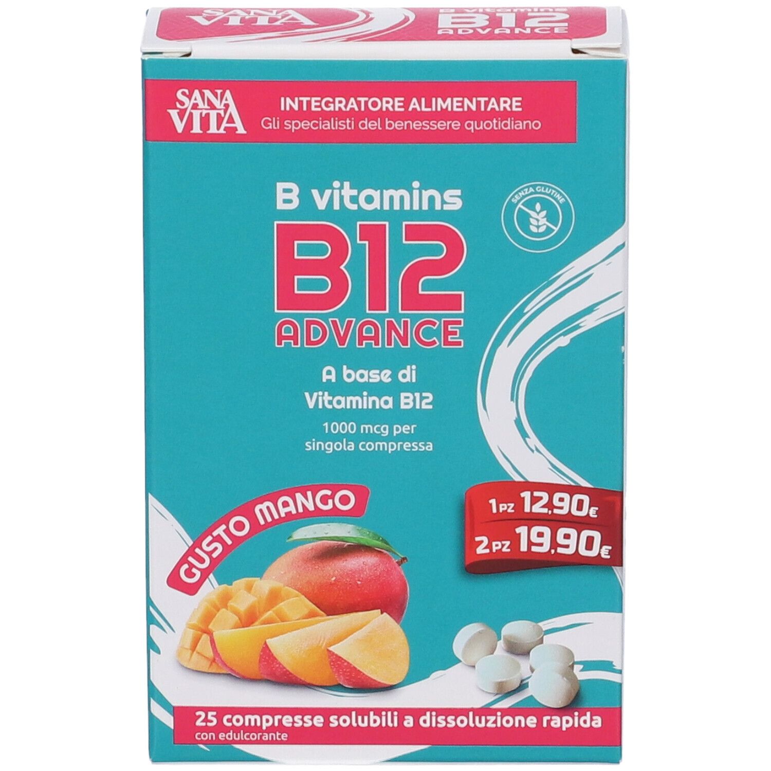 Scatola turchese Sanavita B12 Advance. Illustrazione mango, compresse, prezzi. Testo: B vitamins B12 ADVANCE, senza glutine.