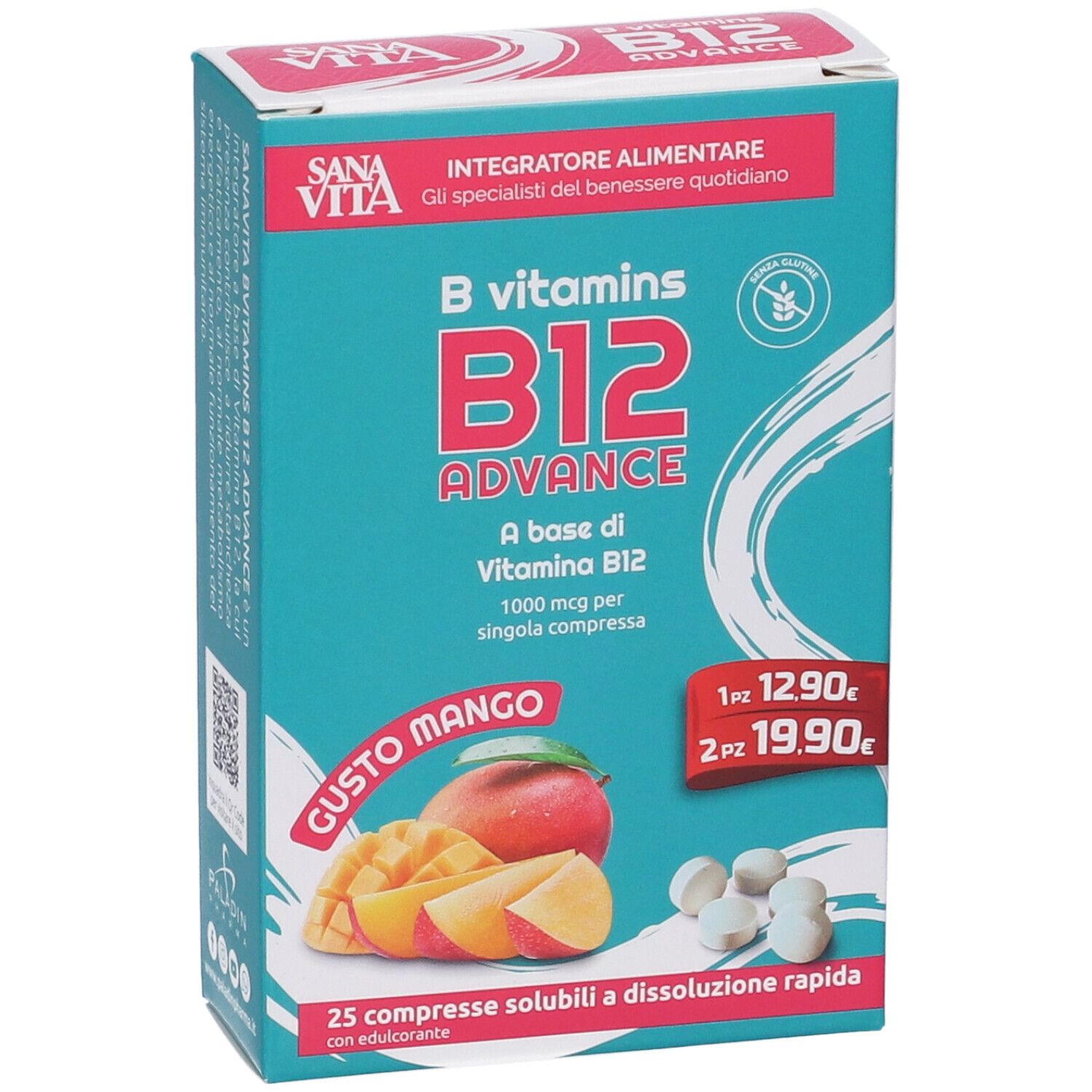 Scatola turchese Sanavita B12 Advance. Illustrazione mango, compresse, prezzi. Testo: B vitamins B12 ADVANCE, senza glutine.