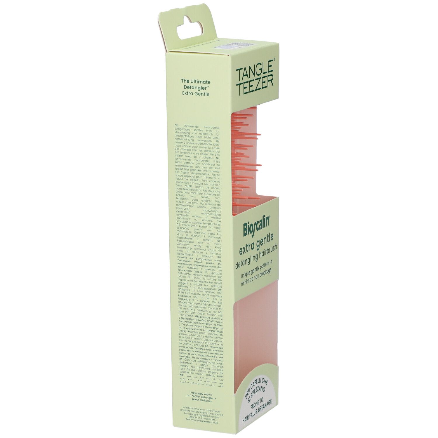 Confezione della spazzola Tangle Teezer. Vista laterale con testo. Spazzola rosa visibile. Testo: Bioscalin extra gentle Detangling hairbrush.