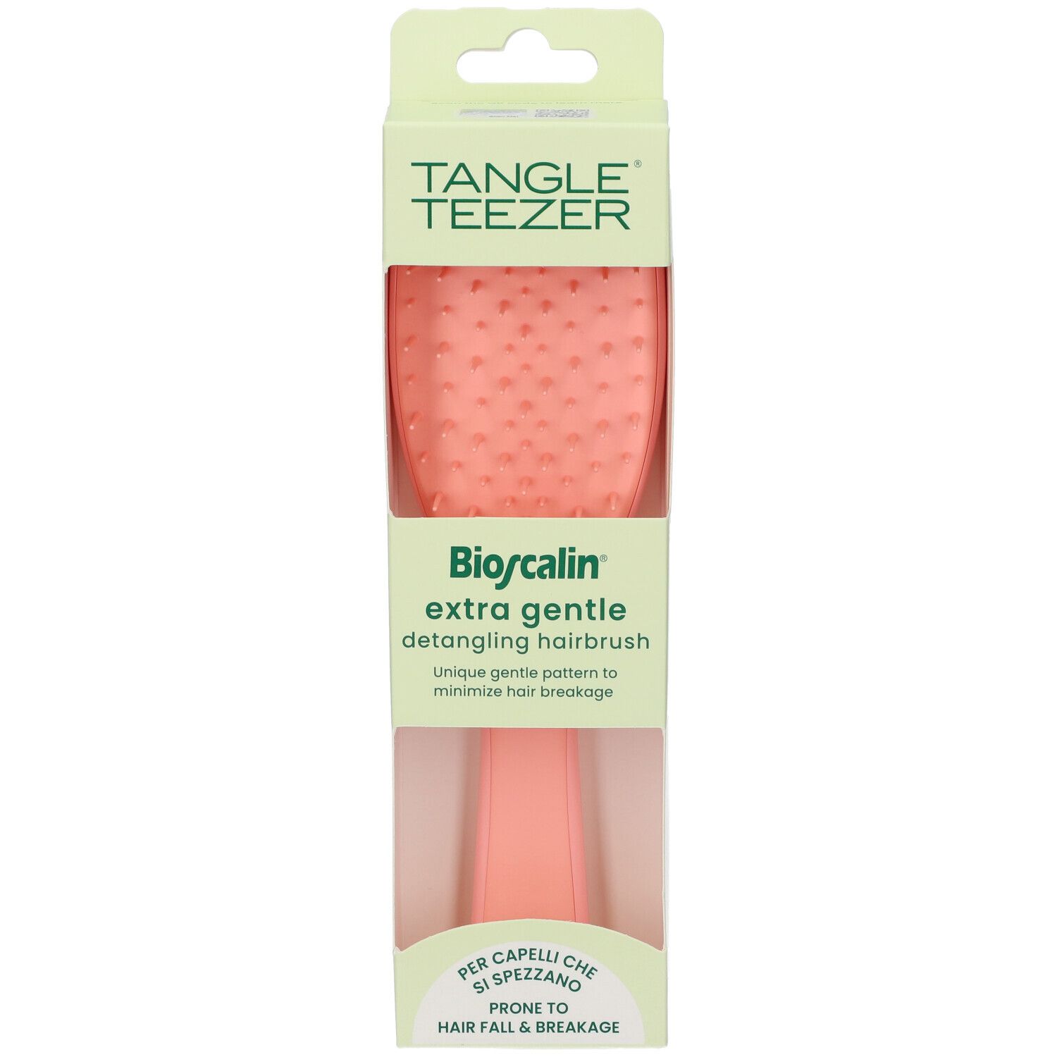 Spazzola Tangle Teezer in confezione. Spazzola rosa con manico. Testo: Bioscalin extra gentle Detangling hairbrush.