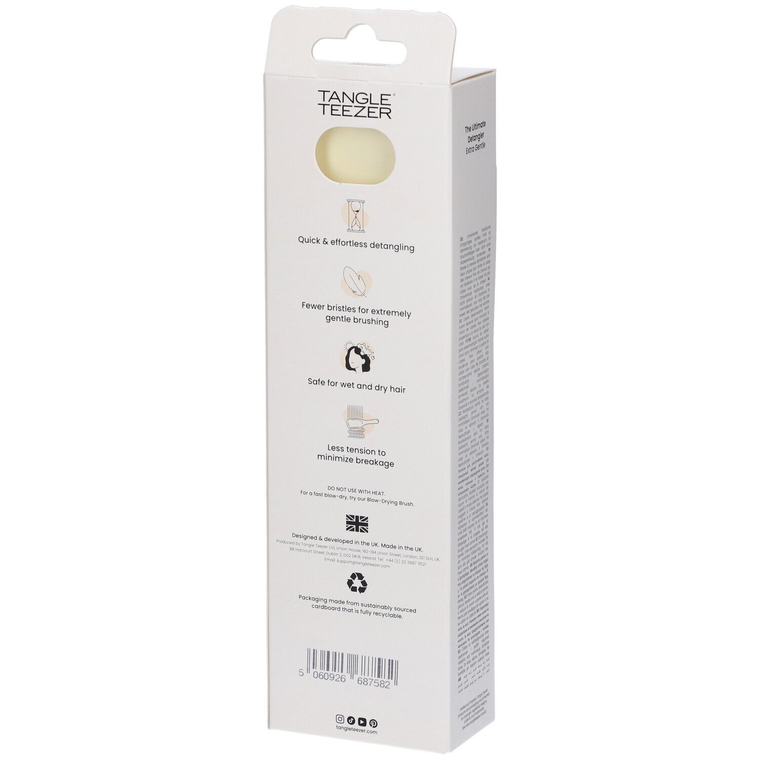 Retro della confezione della spazzola Tangle Teezer. Testo sui vantaggi. Logo: Tangle Teezer. Prodotto nel Regno Unito.