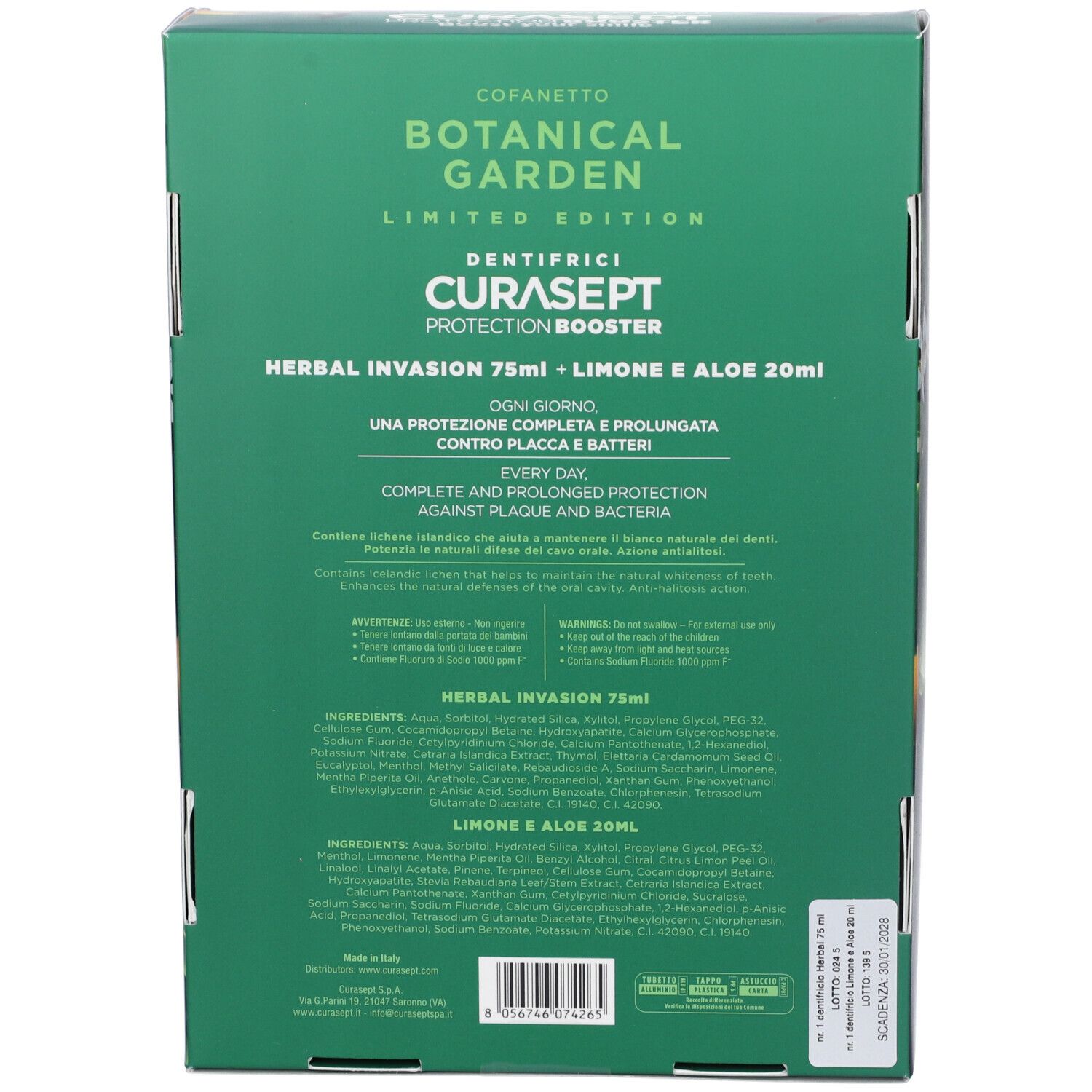 Retro della confezione. Testo: CURASEPT PROTECTION BOOSTER, Giardino Botanico, Herbal Invasion 75ml + Limone e Aloe 20ml.