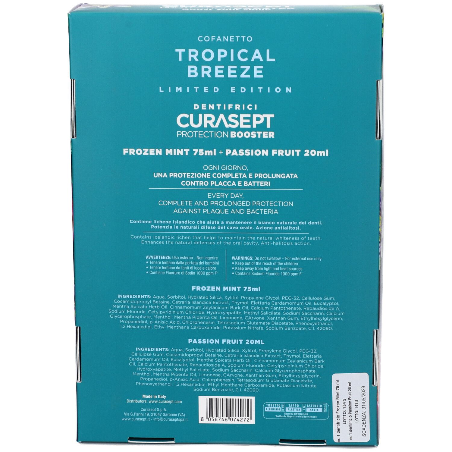 Retro della confezione. Testo: COFANETTO TROPICAL BREEZE, CURASEPT PROTECTION BOOSTER. Ingredienti e istruzioni in italiano e inglese.