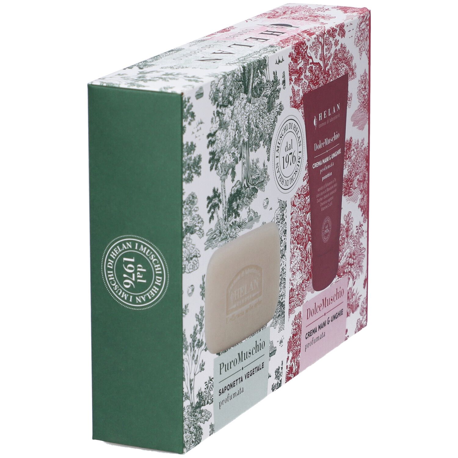 Lato confezione regalo Helan. Sapone e crema mani. Sapone: PuroMuschio. Crema: DolceMuschio. Motivo floreale.