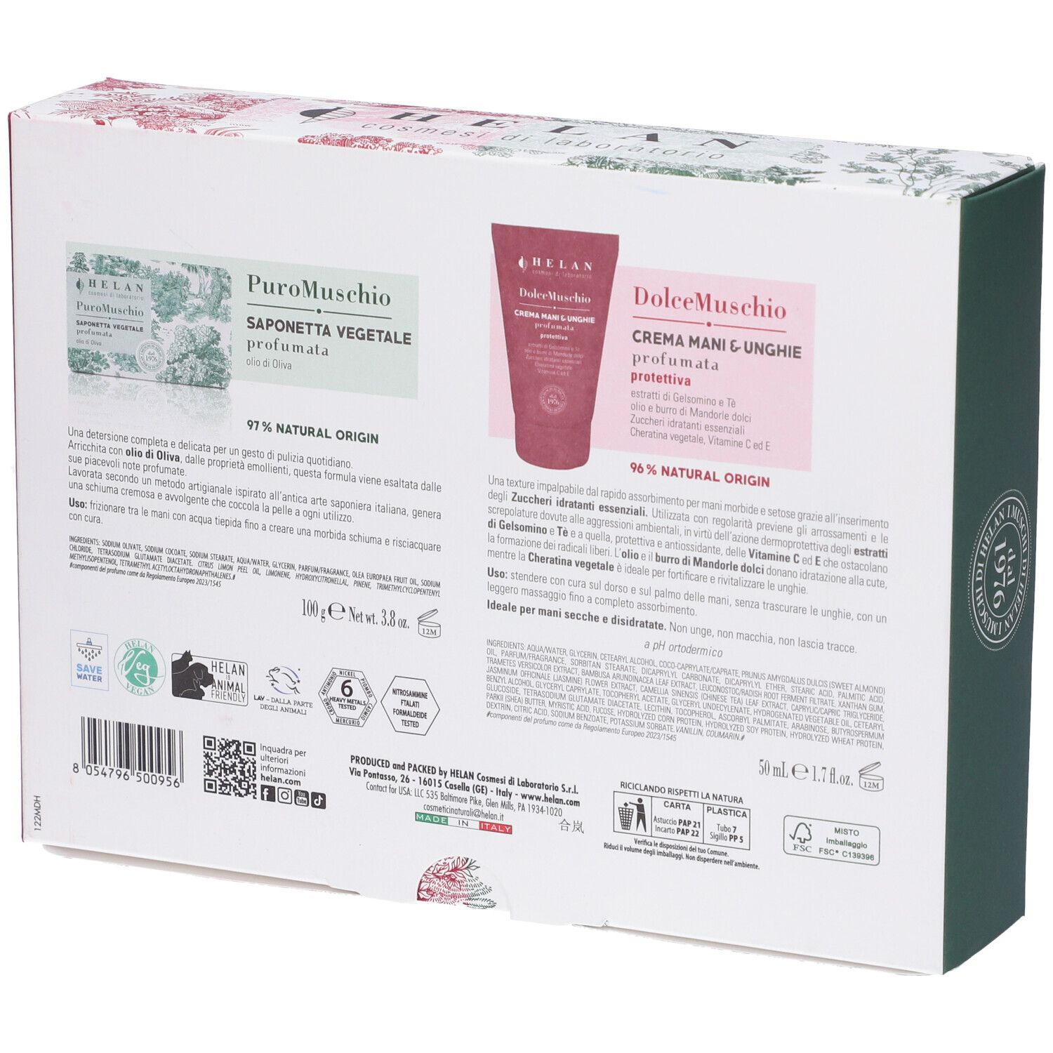 Retro confezione regalo Helan. Sapone: PuroMuschio. Crema: DolceMuschio. Testo e loghi. 97% ingredienti naturali.