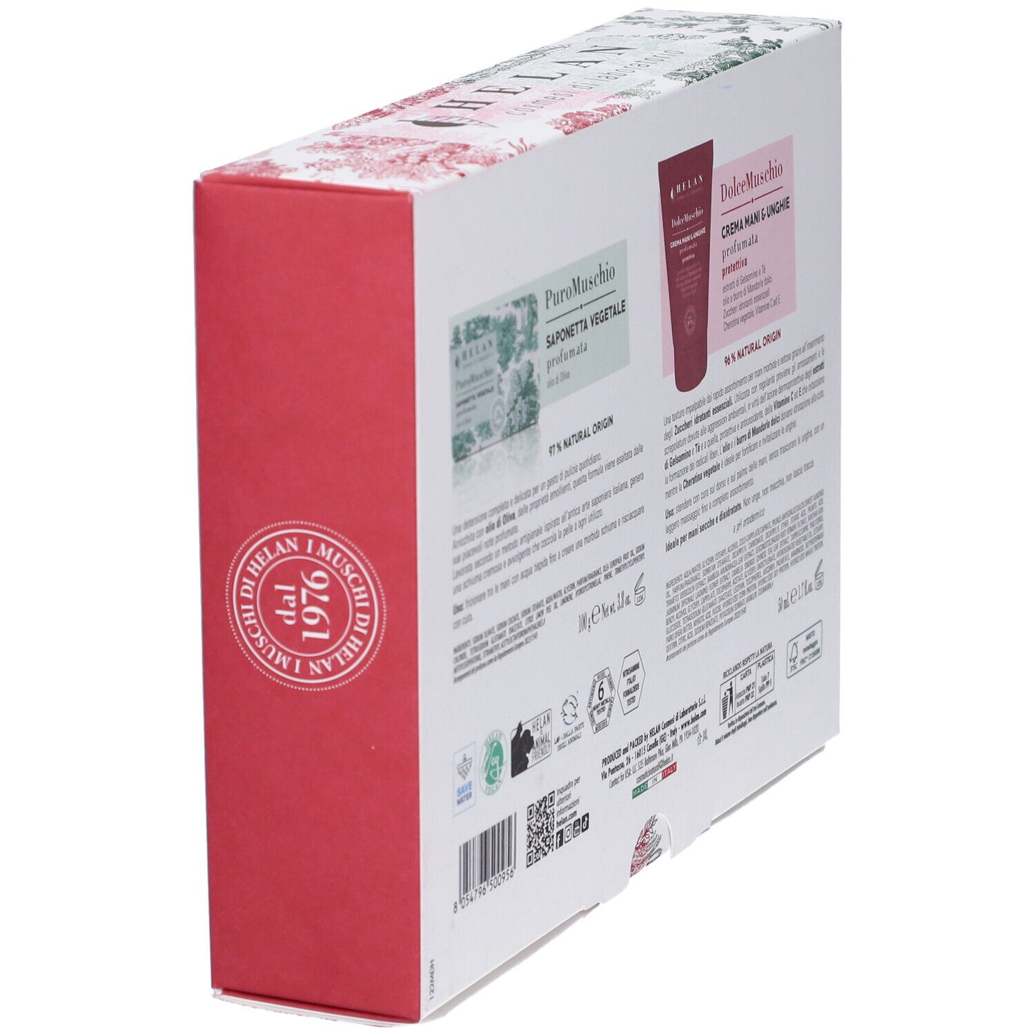 Lato confezione regalo Helan. Sapone: PuroMuschio. Crema: DolceMuschio. Testo e loghi. 97% ingredienti naturali.