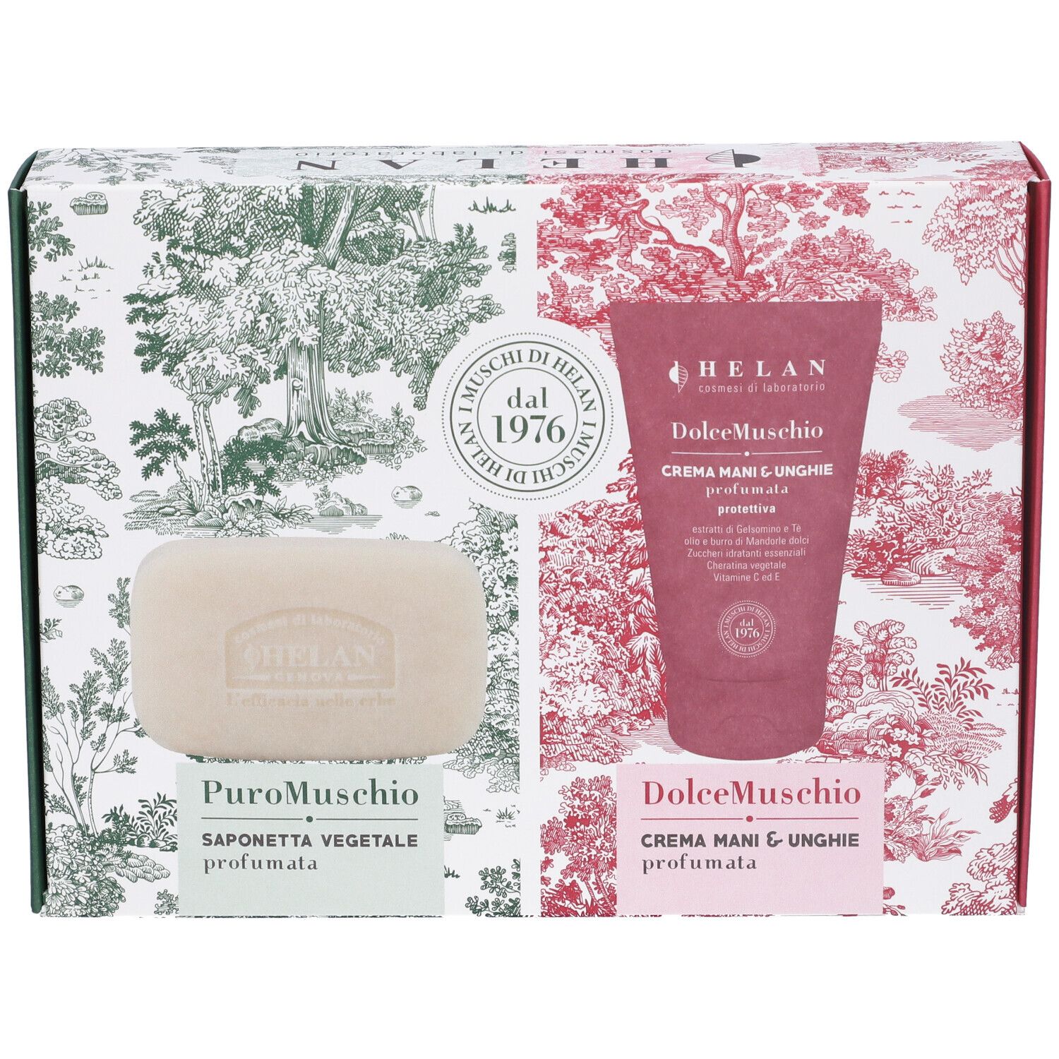Confezione regalo Helan con sapone PuroMuschio e crema mani DolceMuschio. Imballaggio con motivi floreali.
