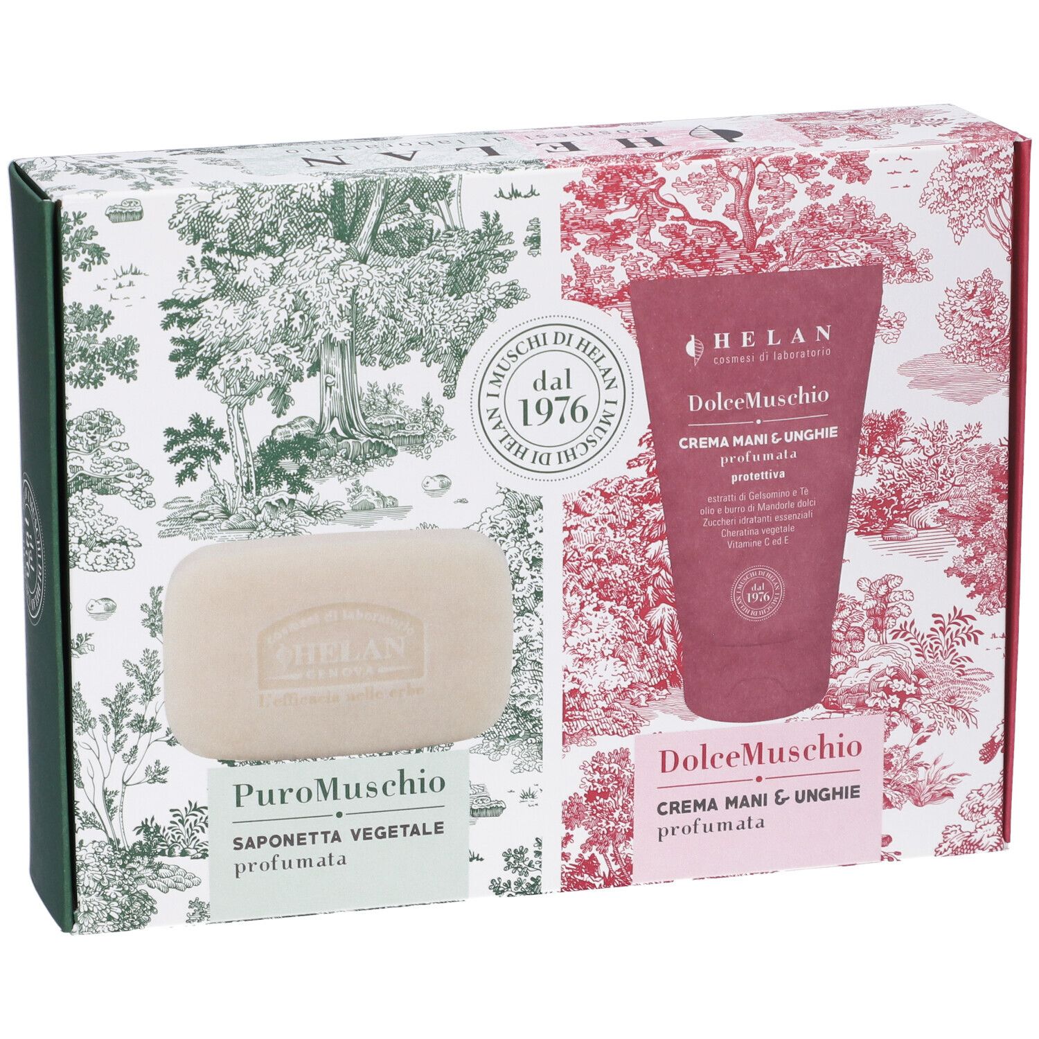Confezione regalo Helan con sapone PuroMuschio e crema mani DolceMuschio. Imballaggio con motivi floreali.