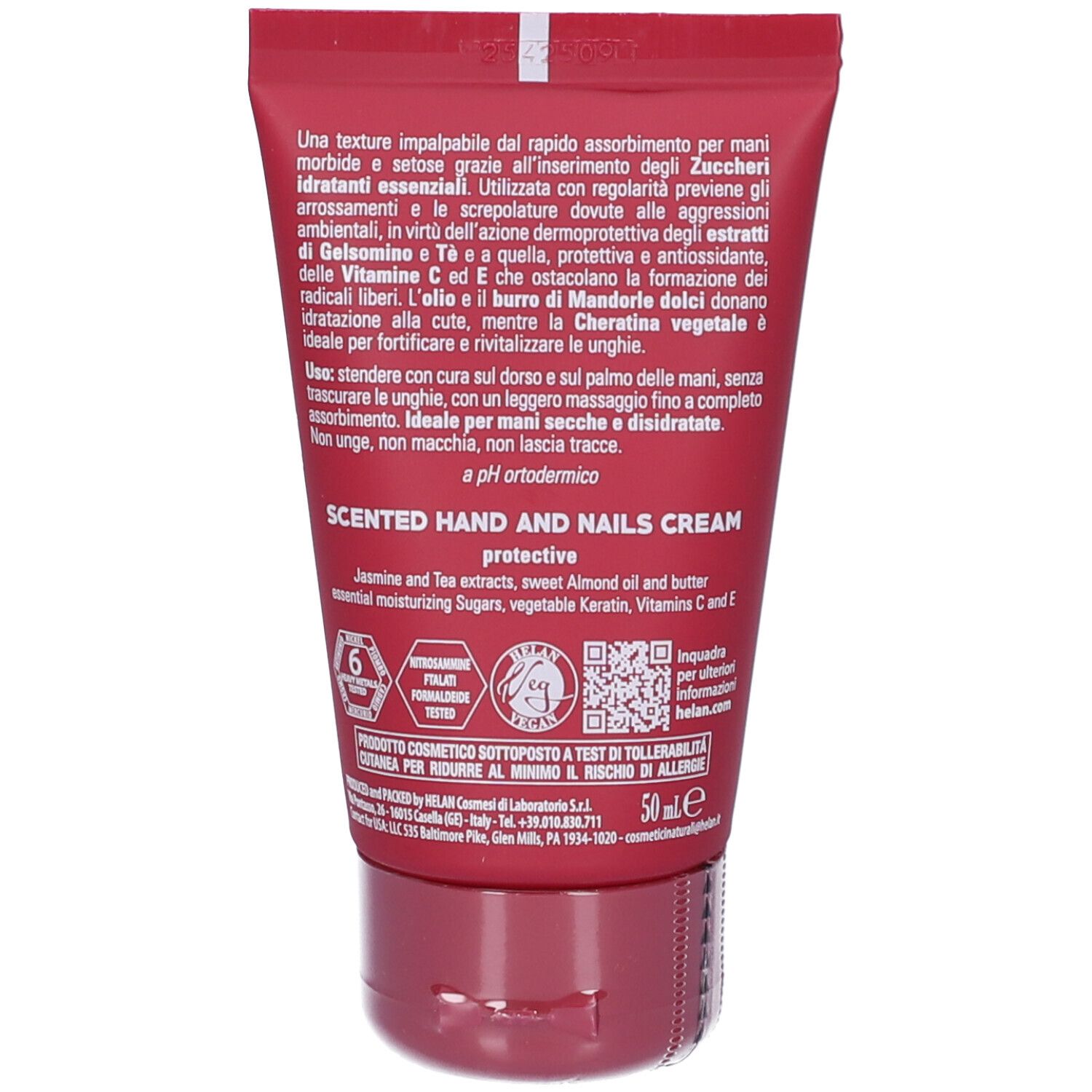 Retro del tubo rosso. Testo in italiano e inglese. Contiene informazioni sul prodotto e sugli ingredienti.