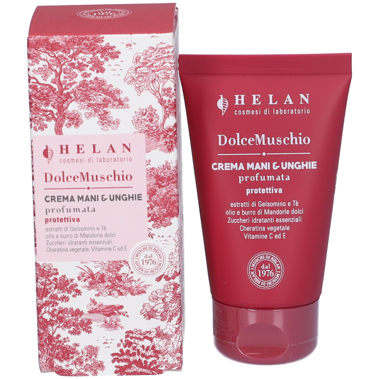 Confezione del prodotto: scatola e tubo. Scatola con motivo floreale e nome del prodotto "DolceMuschio". Marchio: HELAN.