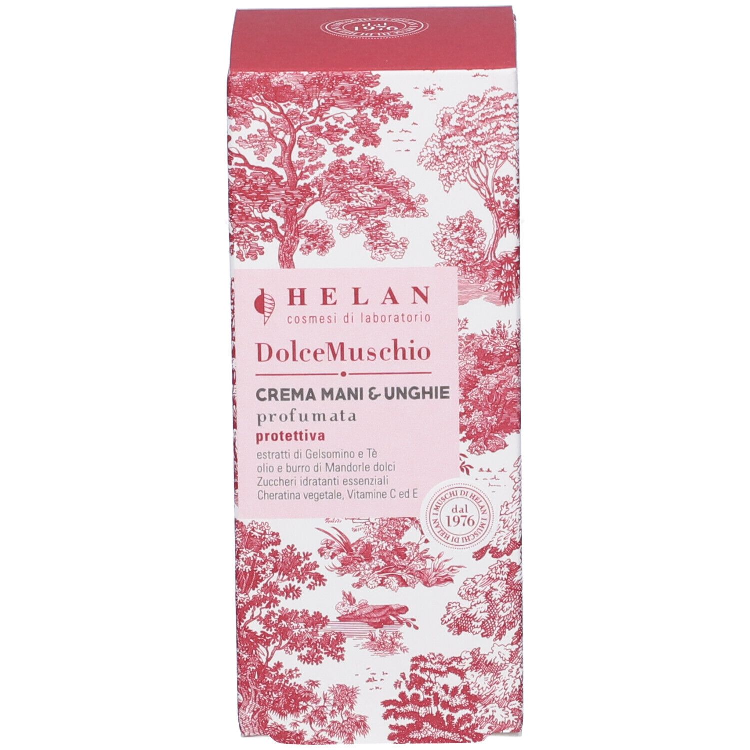 Confezione del prodotto: scatola con motivo floreale. Nome del prodotto "DolceMuschio". Marchio: HELAN. Testo: "Crema Mani e Unghie".