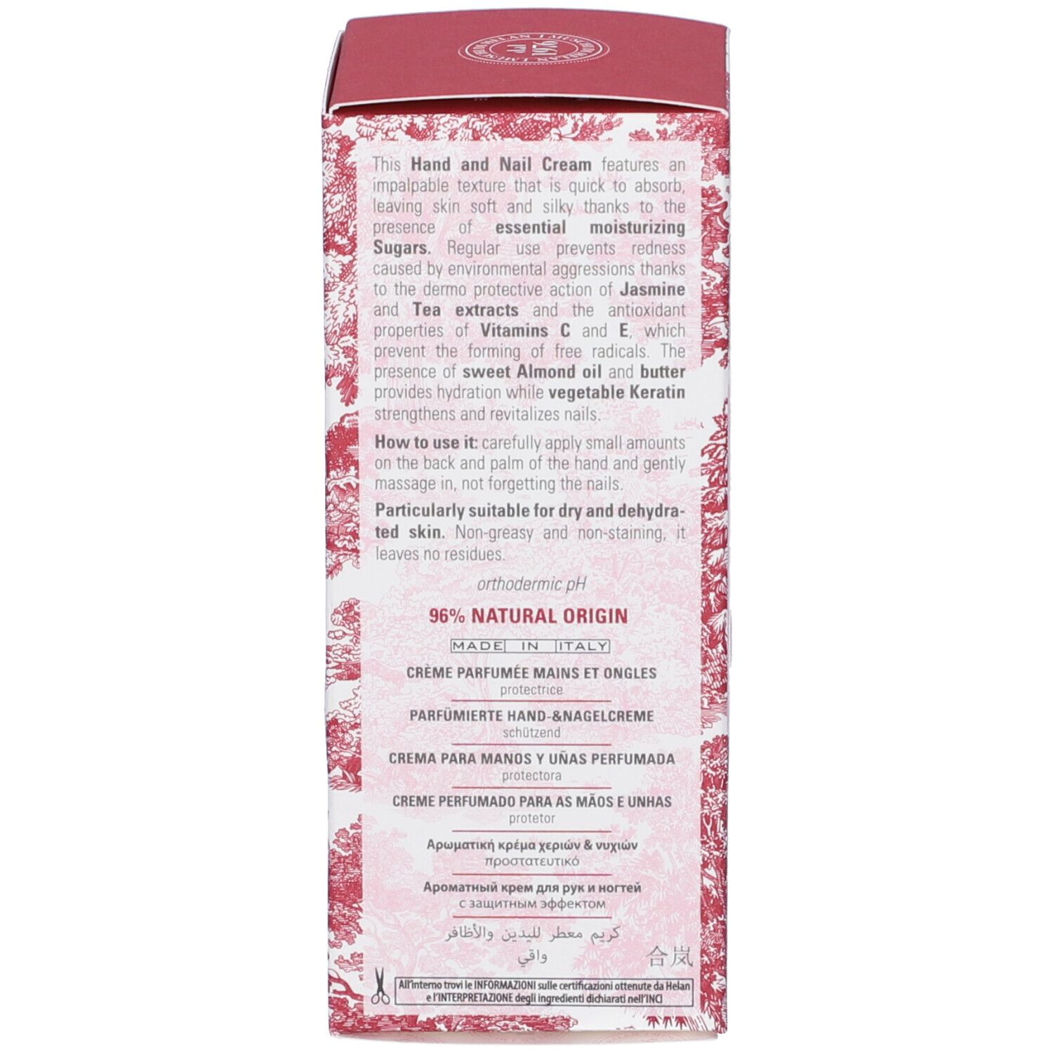 Retro della confezione del prodotto. Testo in più lingue. Contiene informazioni sul prodotto e sugli ingredienti.