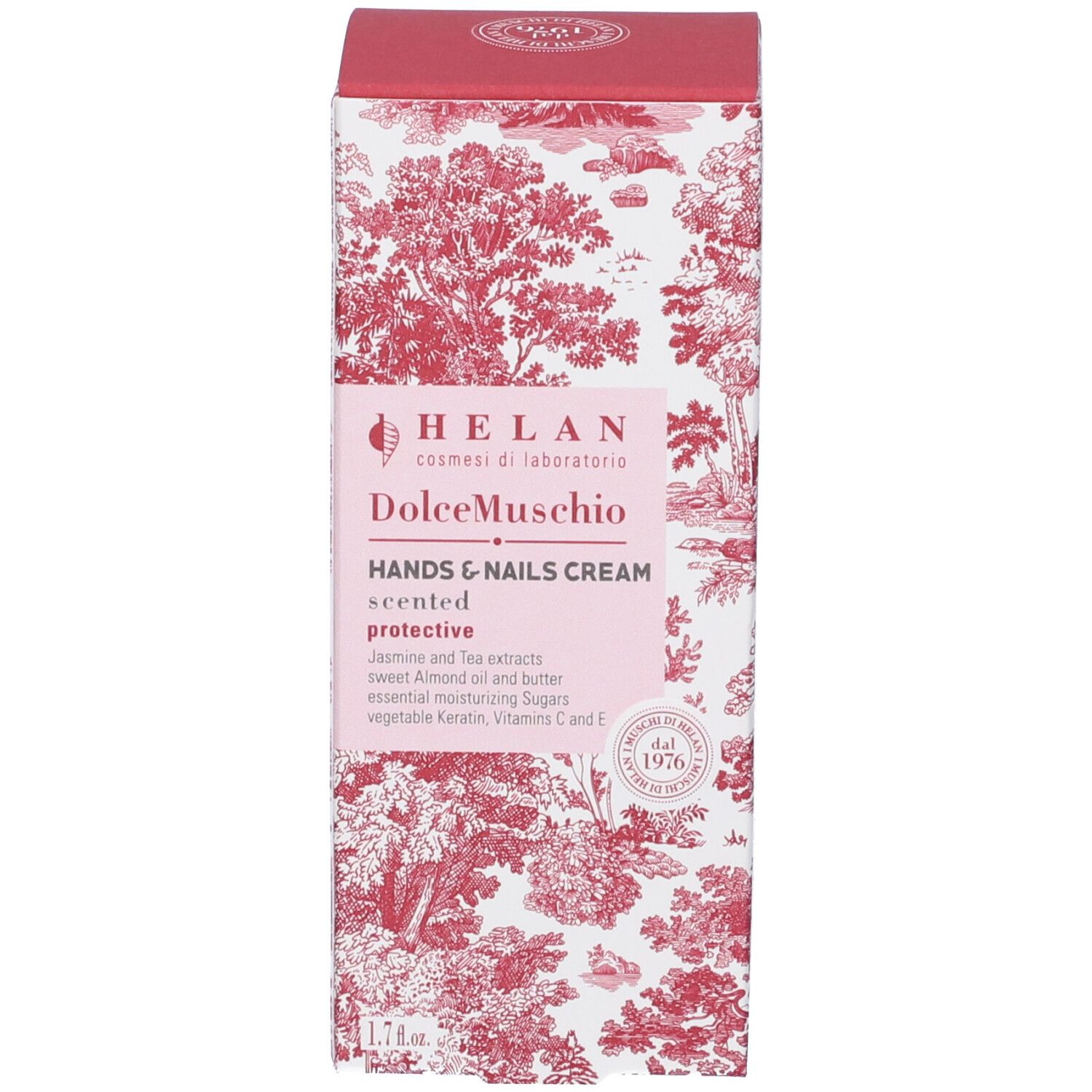 Confezione del prodotto: scatola con motivo floreale. Nome del prodotto "DolceMuschio Hands & Nails Cream". Marchio: HELAN.