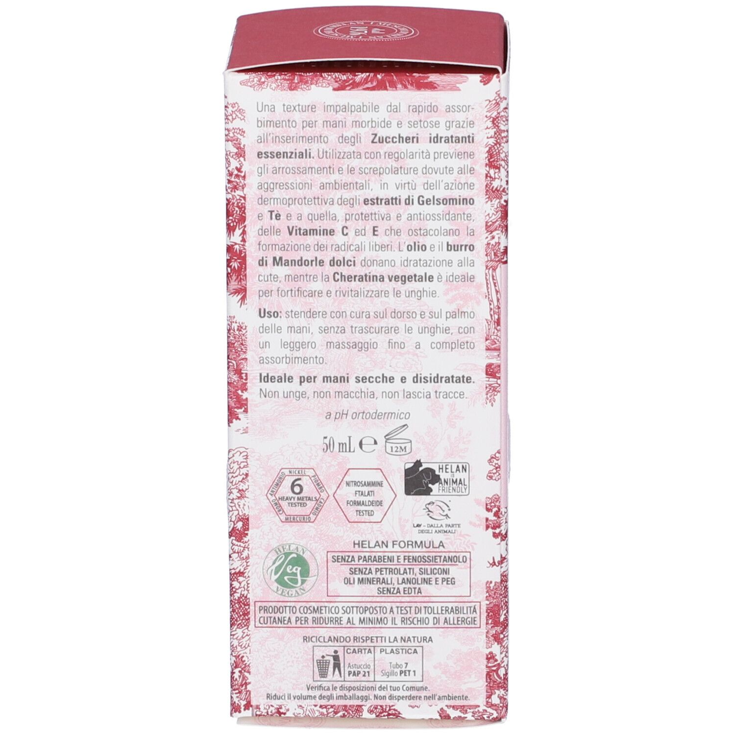 Retro della confezione del prodotto. Testo in più lingue. Contiene informazioni sul prodotto e sugli ingredienti.