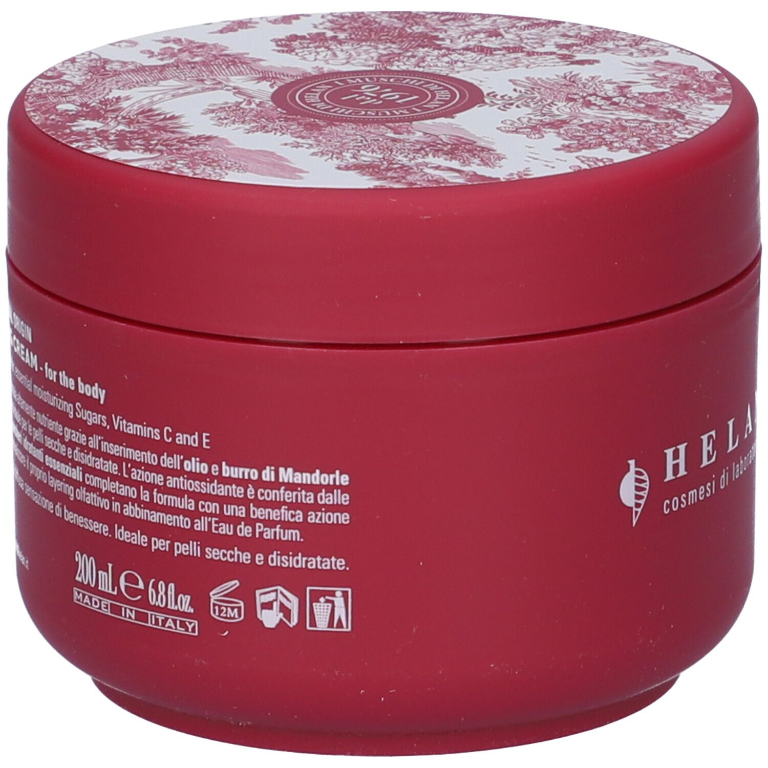 Vaso rosso con coperchio bianco. Scritta: Helan, 200 ml, Made in Italy. Testo su ingredienti e uso. Simboli.