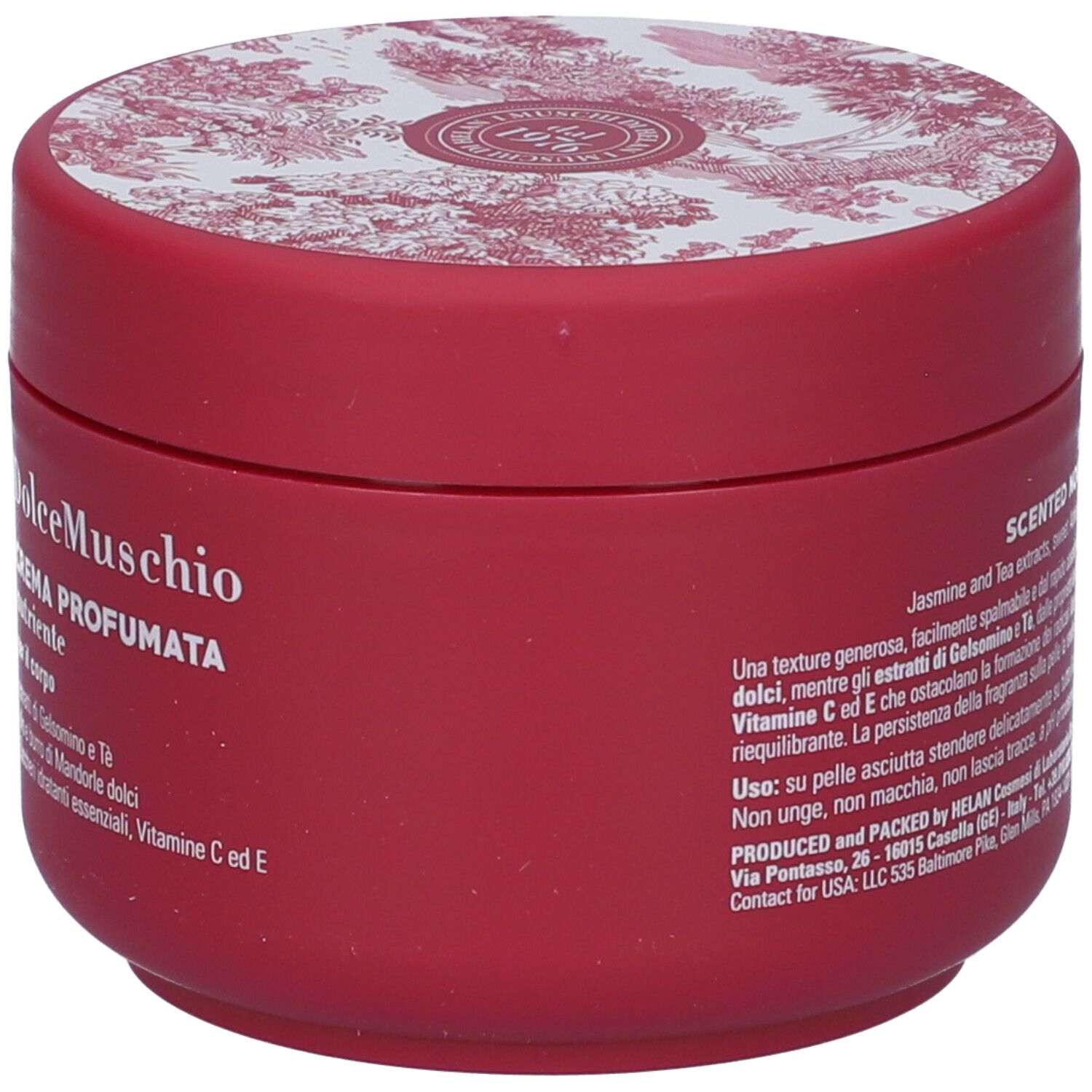 Vaso rosso con coperchio bianco. Scritta: DolceMuschio, Crema Profumata, Helan. Testo sull'uso. Retro.