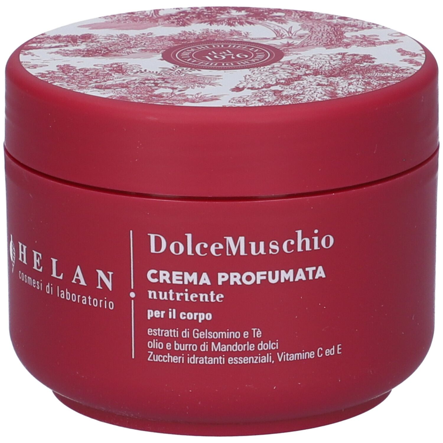 Vaso rosso con coperchio bianco. Scritta: DolceMuschio, Crema Profumata, Helan. Ingredienti: Gelsomino, Té, Mandorle, Vitamine.