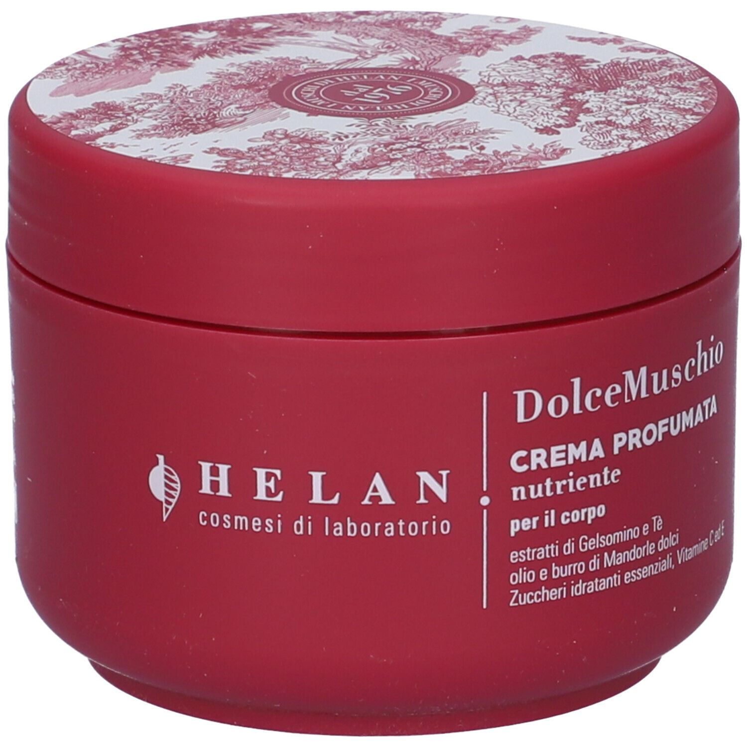 Vaso rosso con coperchio bianco. Scritta: Helan, DolceMuschio, Crema Profumata. Ingredienti: Gelsomino, Té, Mandorle, Vitamine.