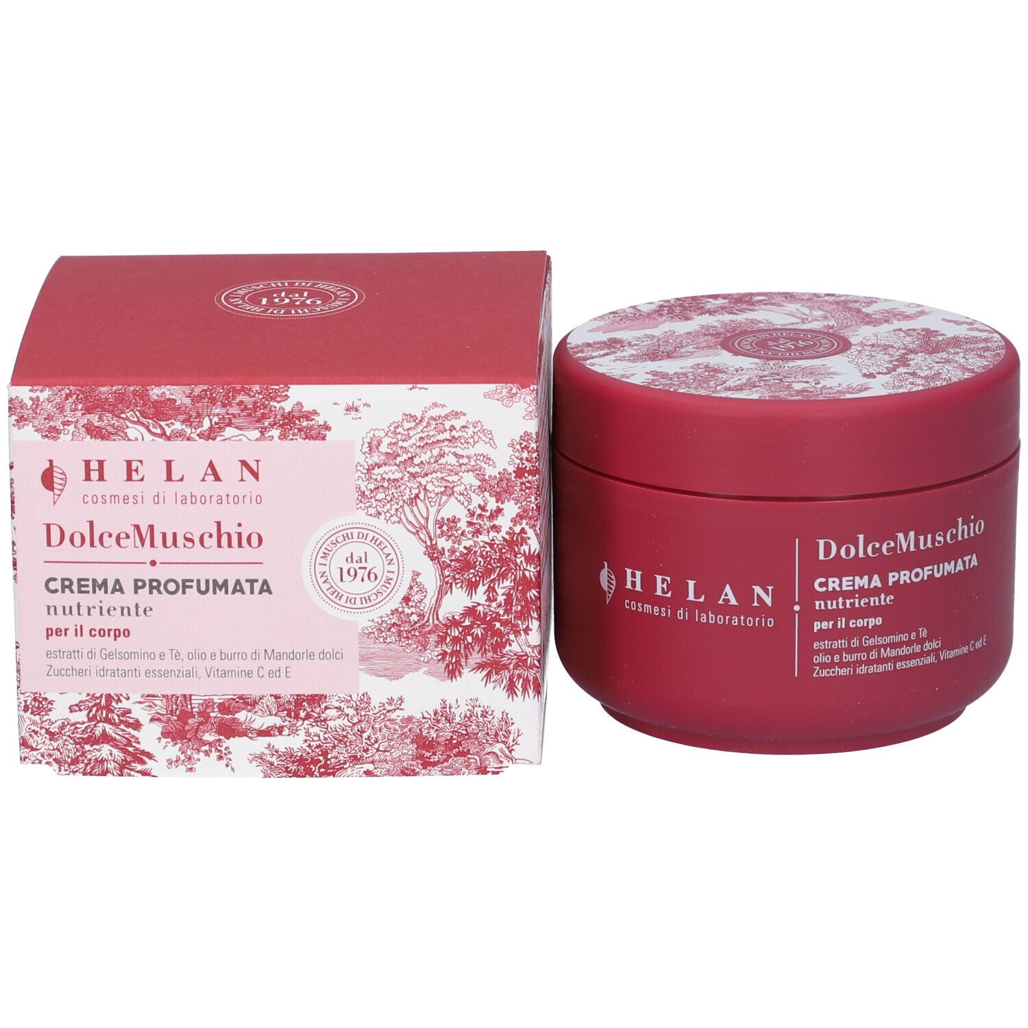 Vaso e scatola rossi. Scritta: DolceMuschio, Crema Profumata, Helan. Ingredienti: Gelsomino, Té, Mandorle, Vitamine. Logo.