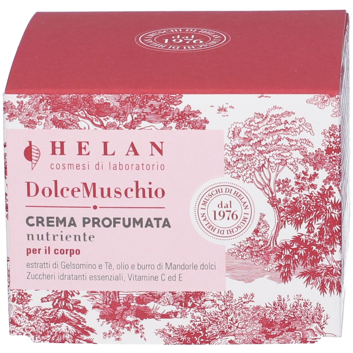 Scatola bianca con coperchio rosso. Scritta: DolceMuschio, Crema Profumata, Helan. Ingredienti: Gelsomino, Té, Mandorle, Vitamine.