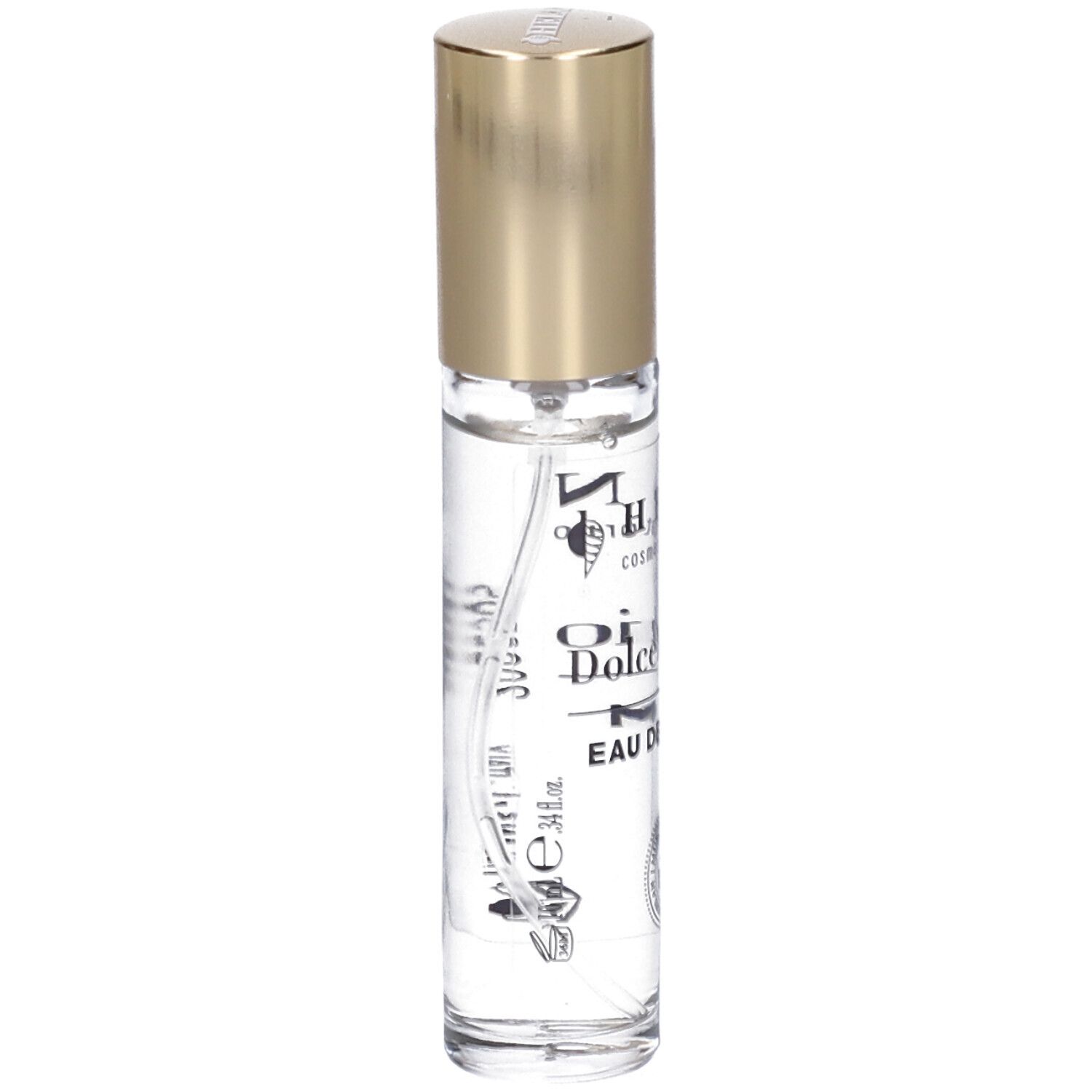 Flacone in vetro con tappo dorato. Scritta: Helan, DolceMuschio Eau de Parfum. Con logo e testo.