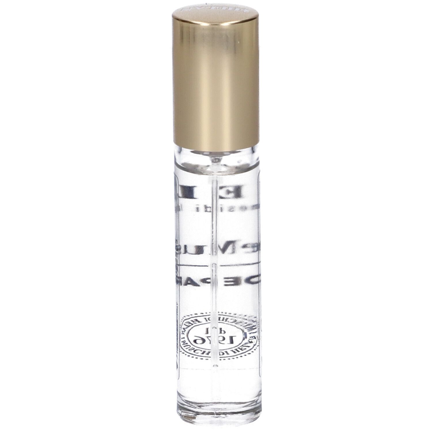 Flacone in vetro con tappo dorato. Scritta: Helan, DolceMuschio Eau de Parfum. Con logo e testo.