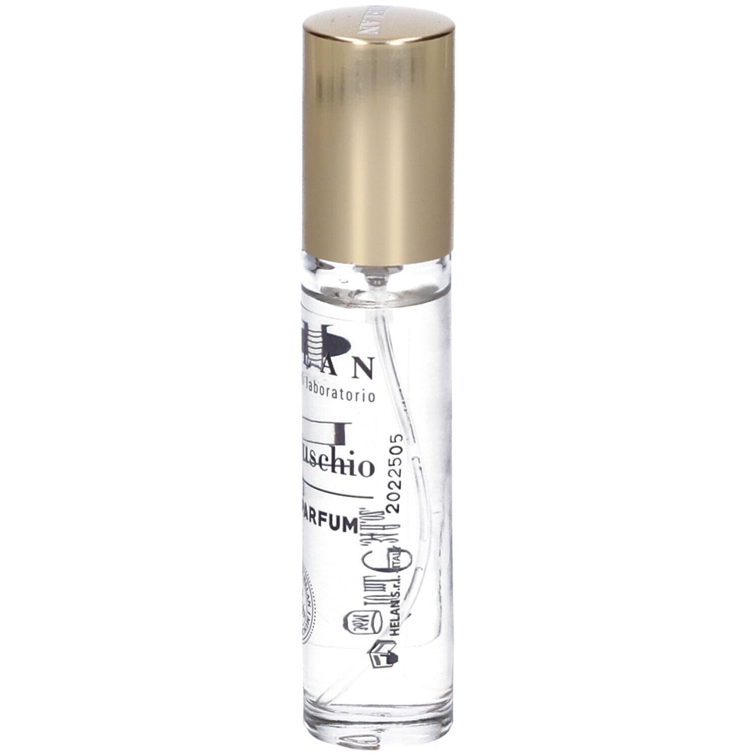 Flacone in vetro con tappo dorato. Scritta: Helan, DolceMuschio Eau de Parfum. Con logo e testo.