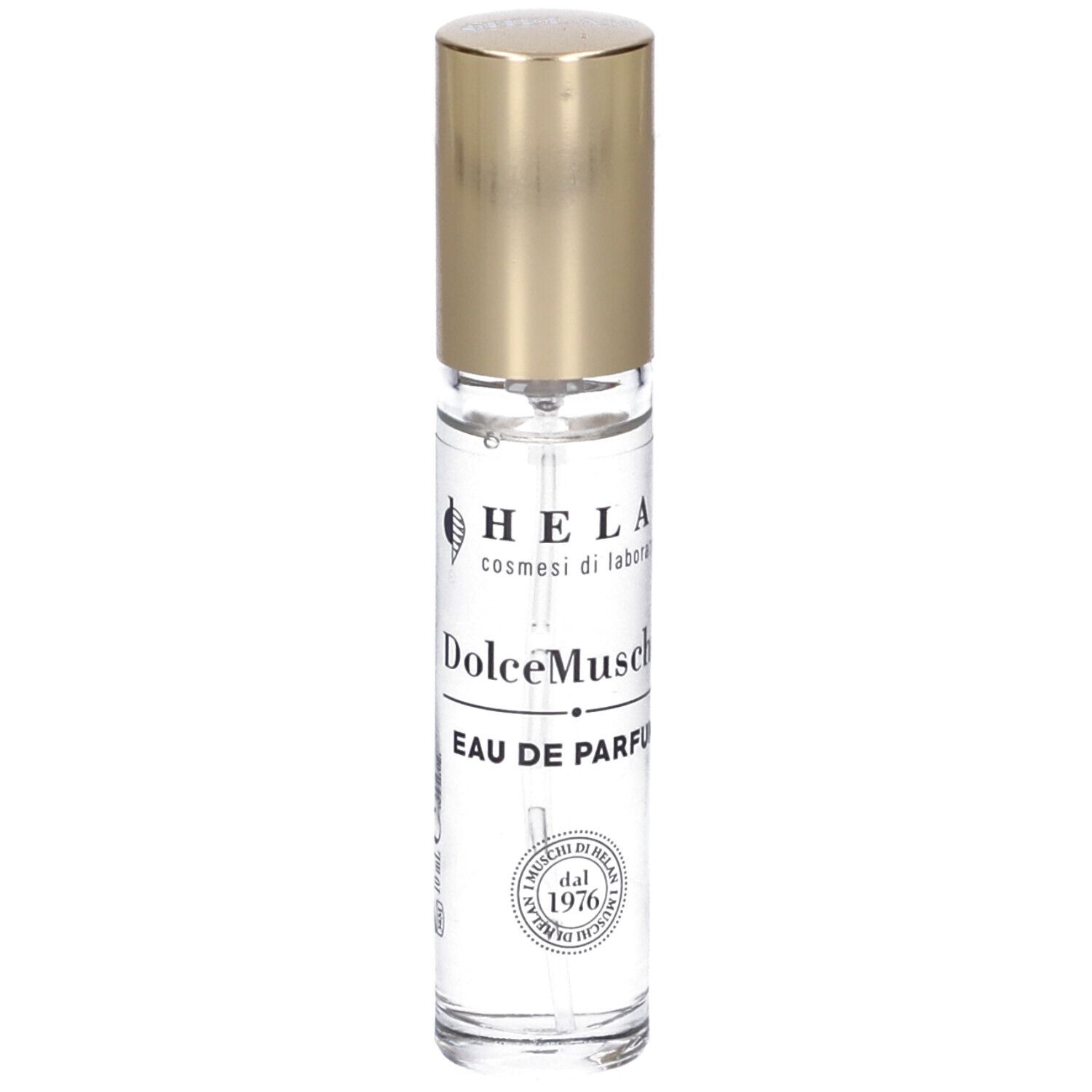 Flacone in vetro con tappo dorato. Scritta: Helan, DolceMuschio Eau de Parfum. Con logo e testo.