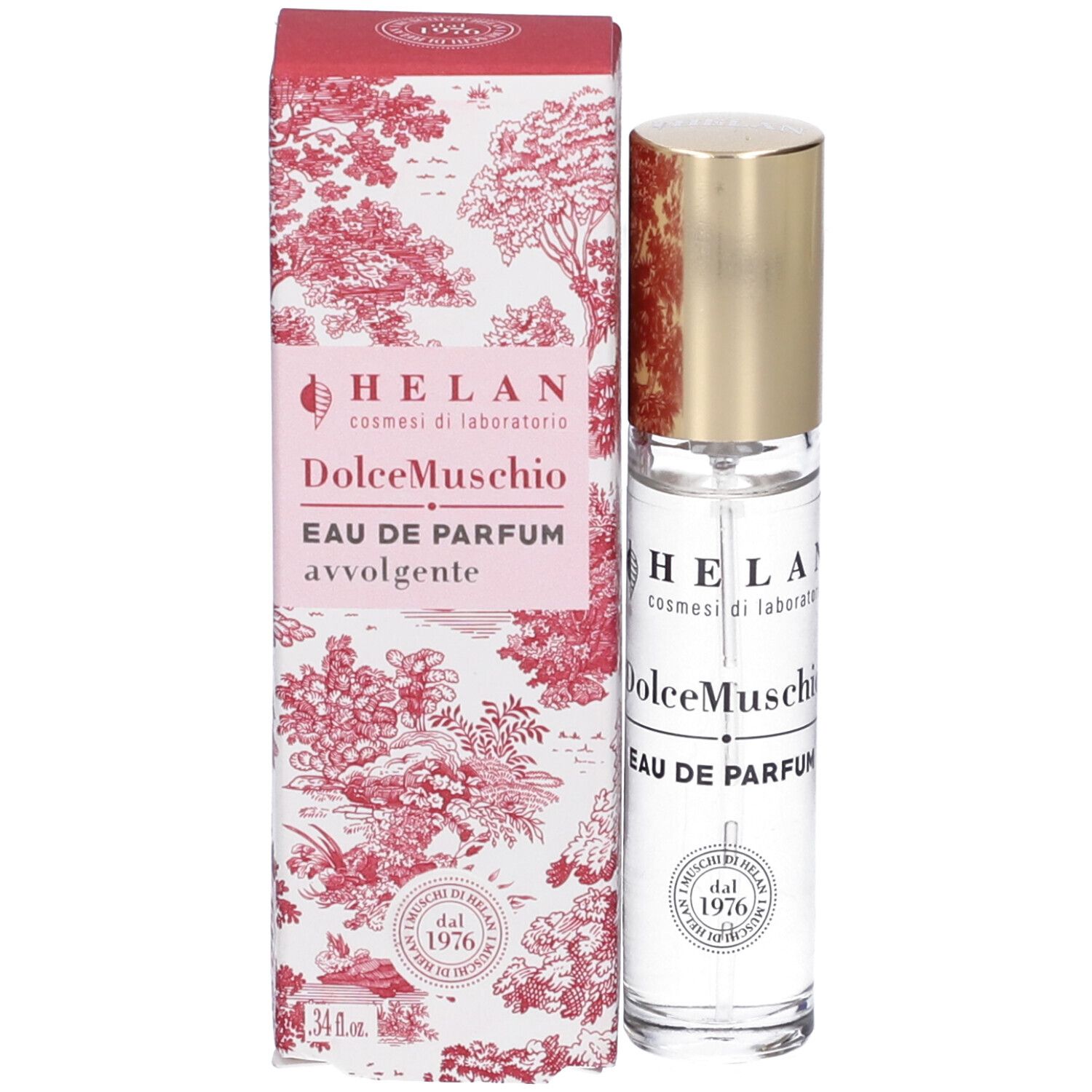 Flacone in vetro con tappo dorato e confezione. Scritta: Helan, DolceMuschio Eau de Parfum. Con logo e testo.