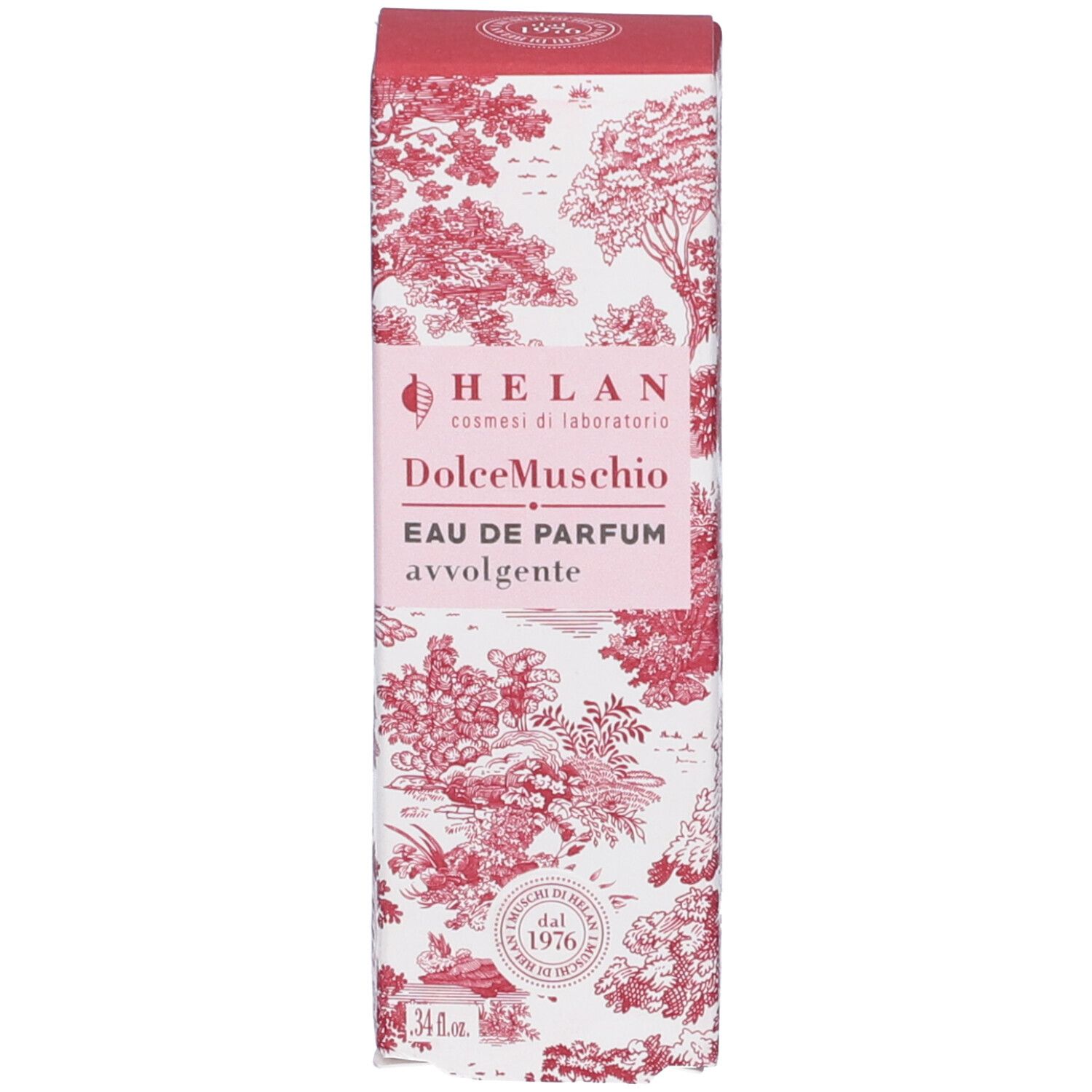 Confezione con motivo floreale. Scritta: Helan, DolceMuschio Eau de Parfum. Con logo e testo.