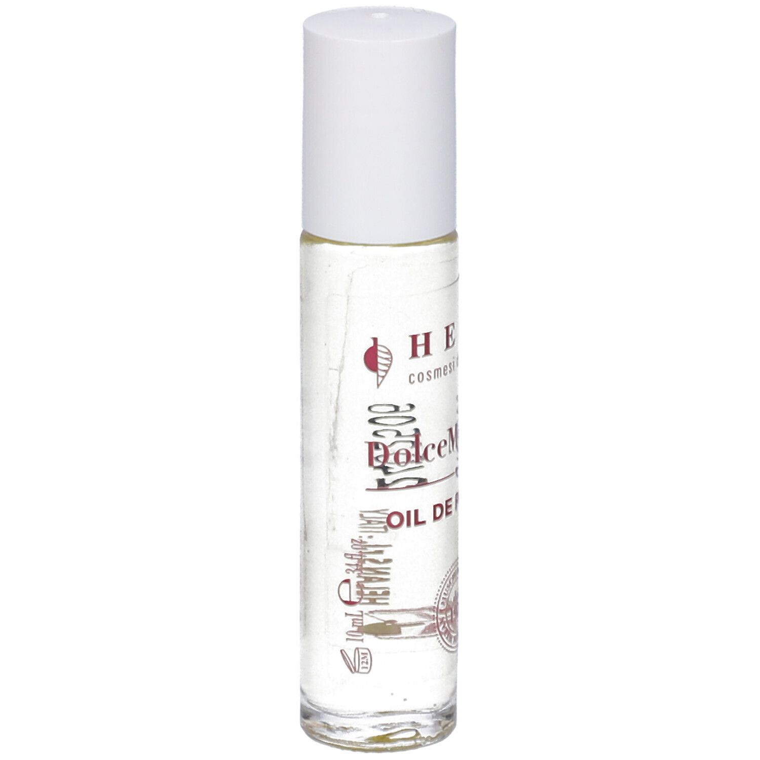 Flacone roll-on trasparente con tappo bianco. Scritta: Helan, Dolcemuschio, OIL DE PARFUM. Logo: dal 1976.