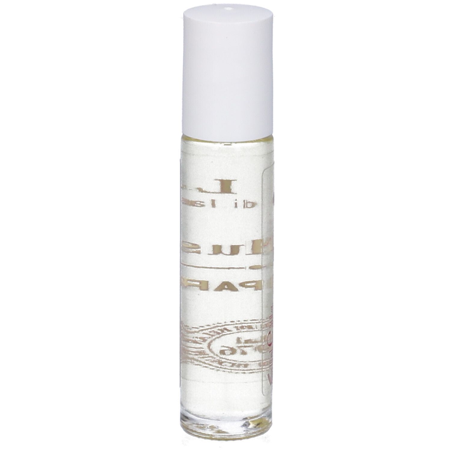 Flacone roll-on trasparente con tappo bianco. Scritta: Helan, Dolcemuschio, OIL DE PARFUM. Logo: dal 1976.