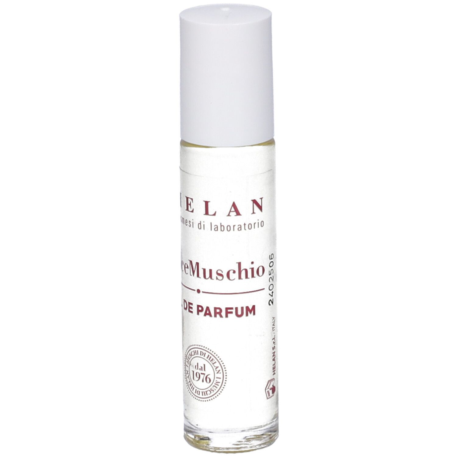 Flacone roll-on trasparente con tappo bianco. Scritta: Helan, Dolcemuschio, OIL DE PARFUM. Logo: dal 1976.