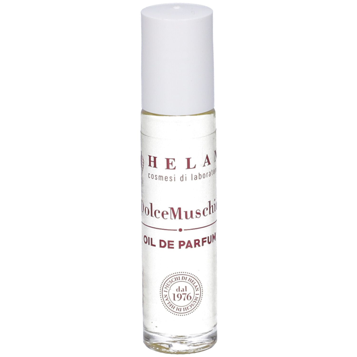 Flacone roll-on trasparente con tappo bianco. Scritta: Helan, Dolcemuschio, OIL DE PARFUM. Logo: dal 1976.