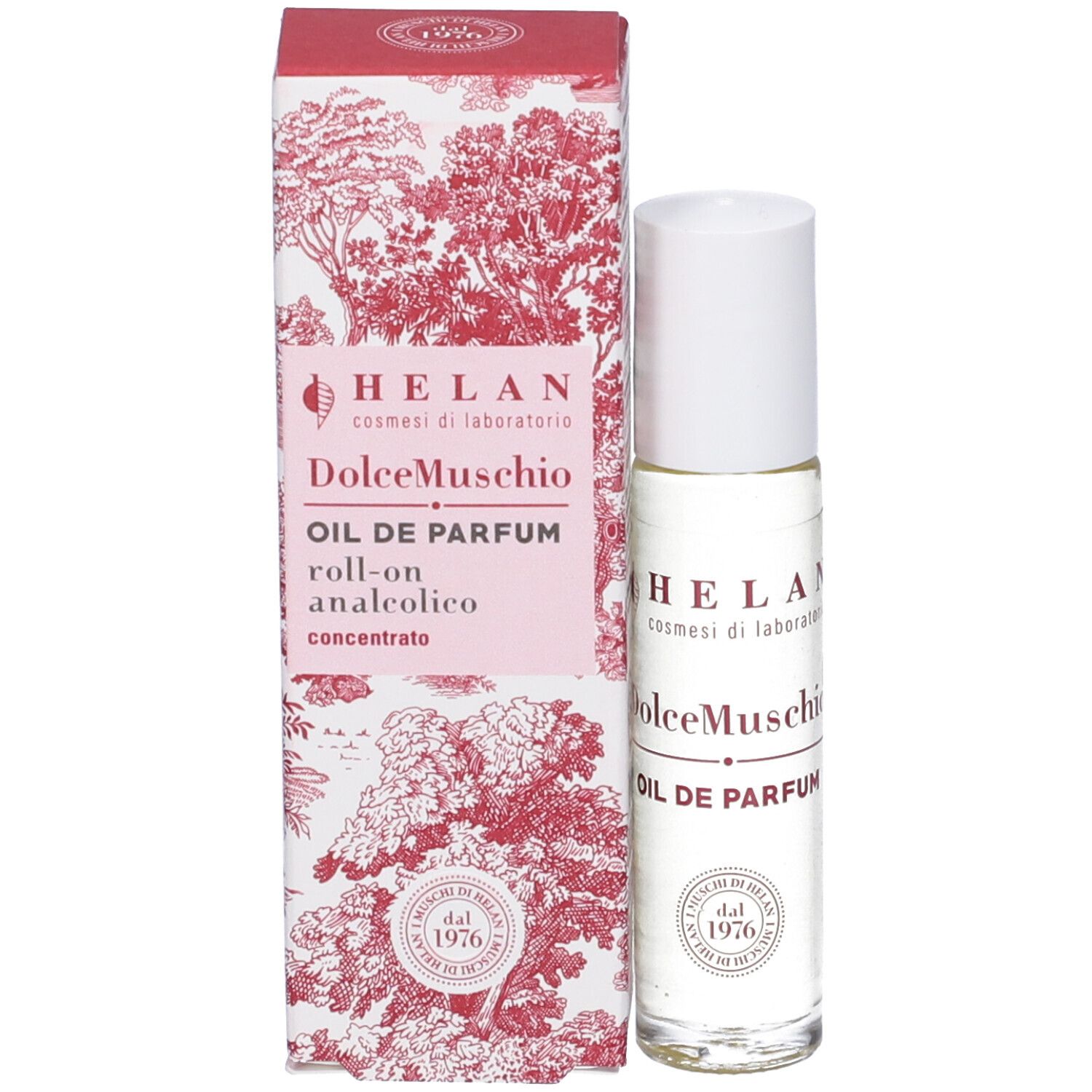 Flacone roll-on e confezione. Confezione: rossa, con nome prodotto e logo. Flacone: trasparente, tappo bianco.