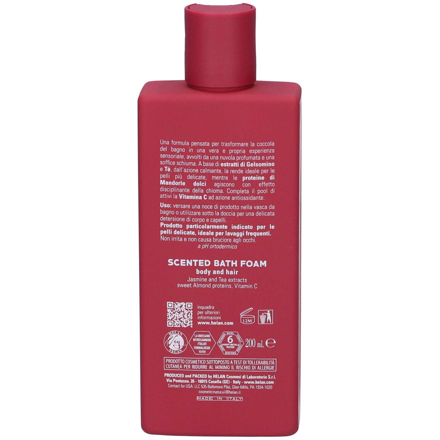 Retro del flacone rosso. Testo in italiano. Contiene informazioni sul prodotto e sugli ingredienti.