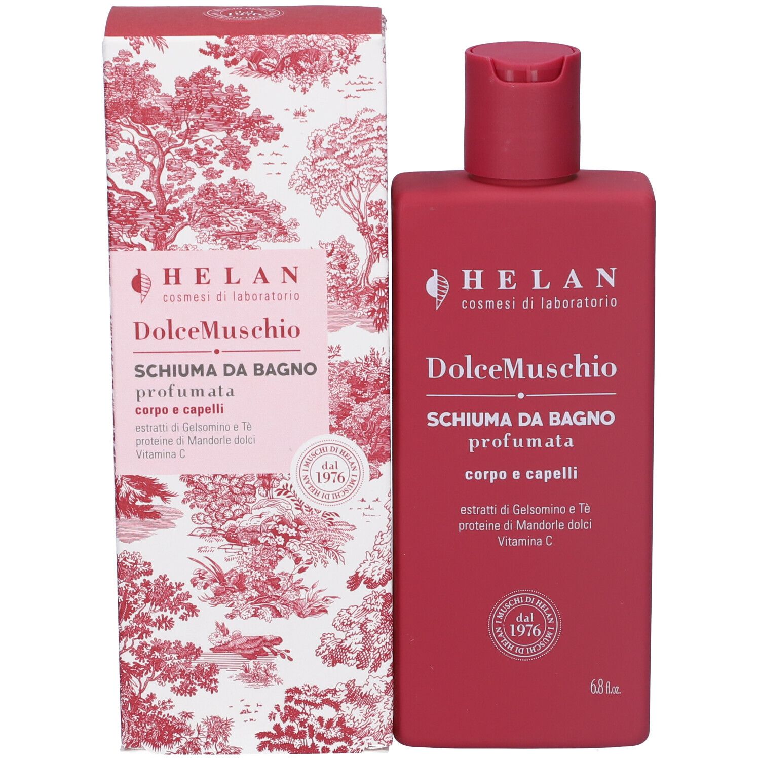 Flacone e scatola rossi. Scritta: HELAN, DolceMuschio, Schiuma da Bagno profumata, corpo e capelli. Confezione a motivi.