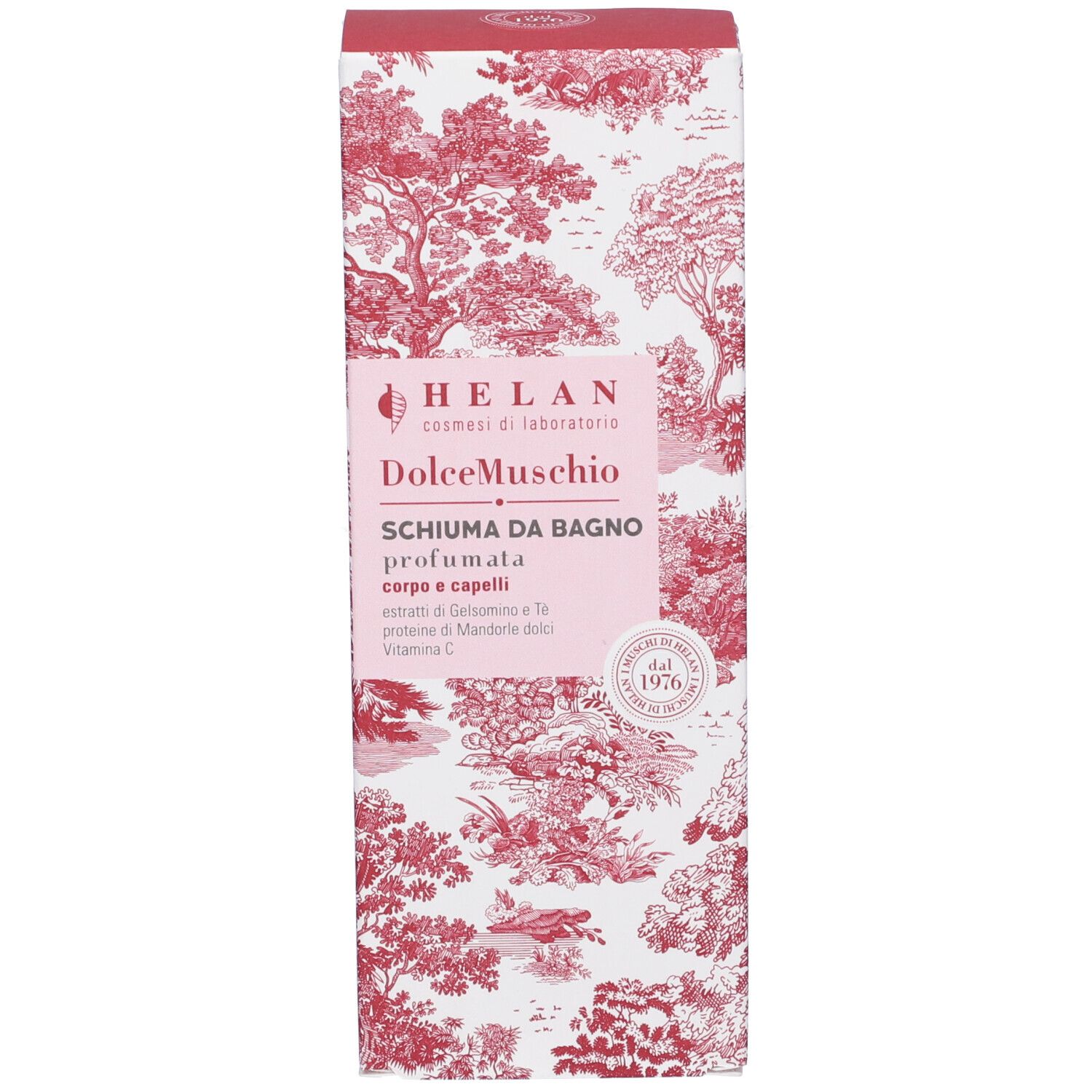 Scatola con motivo rosso. Scritta: HELAN, DolceMuschio, Schiuma da Bagno profumata, corpo e capelli. Testo e logo.