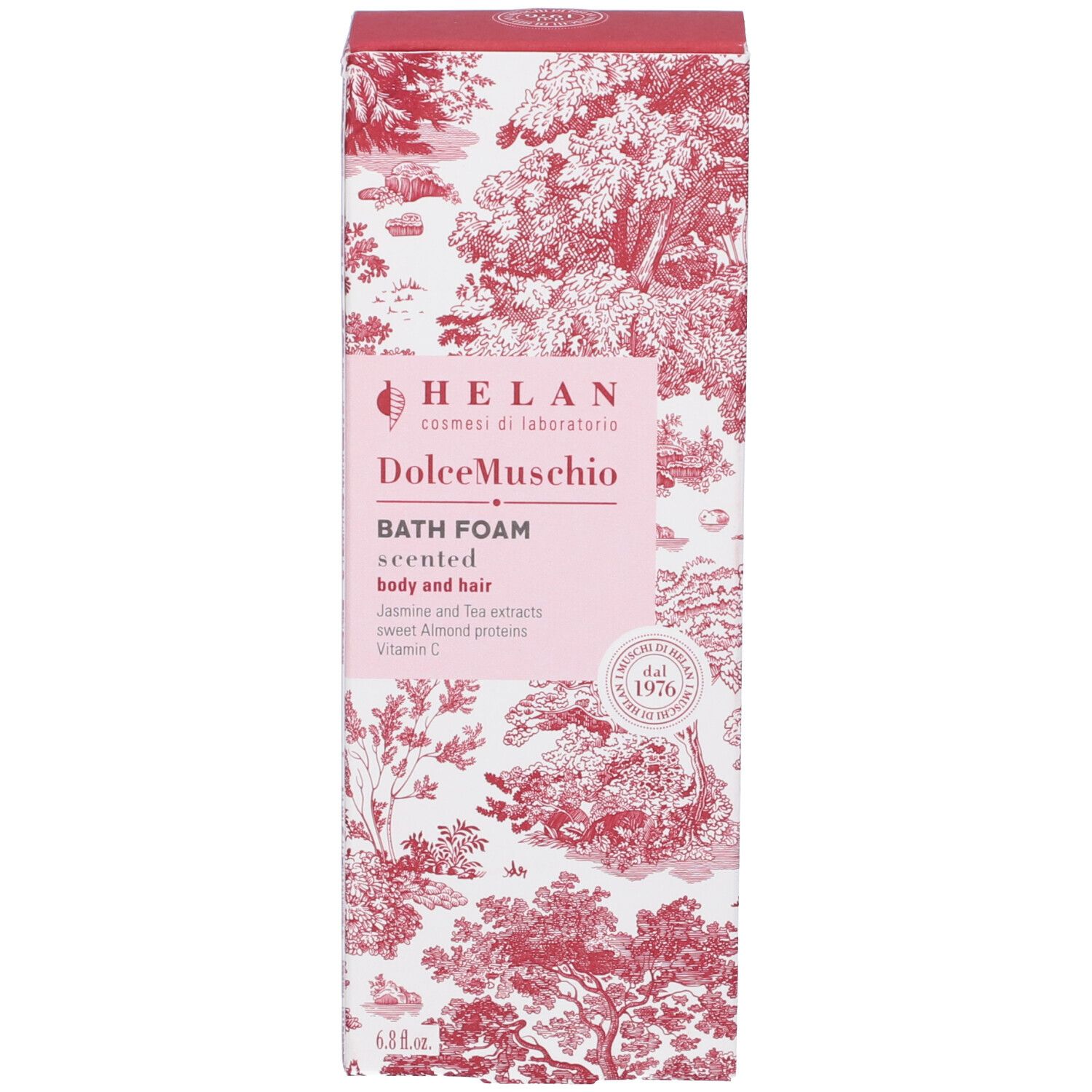 Scatola con motivo rosso. Scritta: HELAN, DolceMuschio, BATH FOAM scented body and hair. Testo e logo.