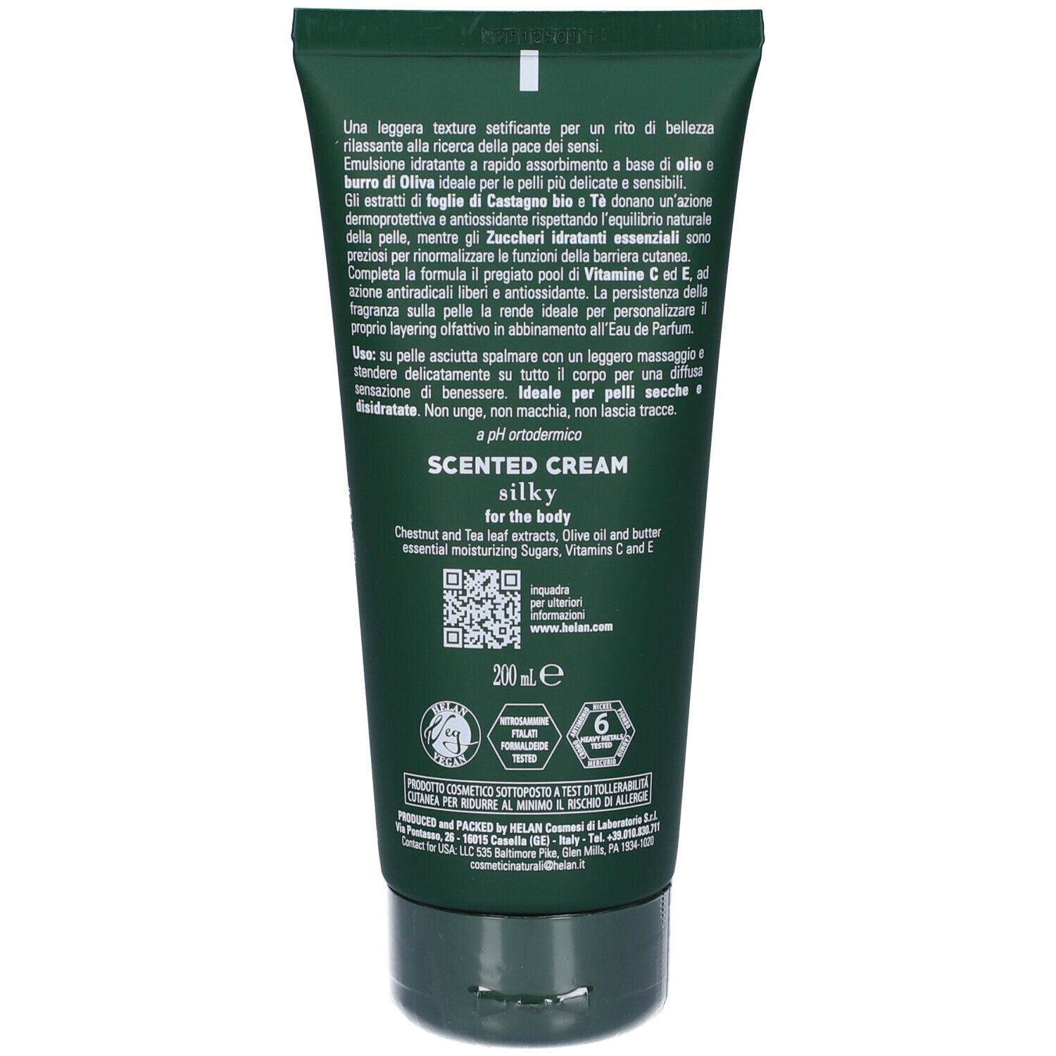 Retro del tubo verde. Testo in italiano. Contiene informazioni sulla crema e sugli ingredienti.