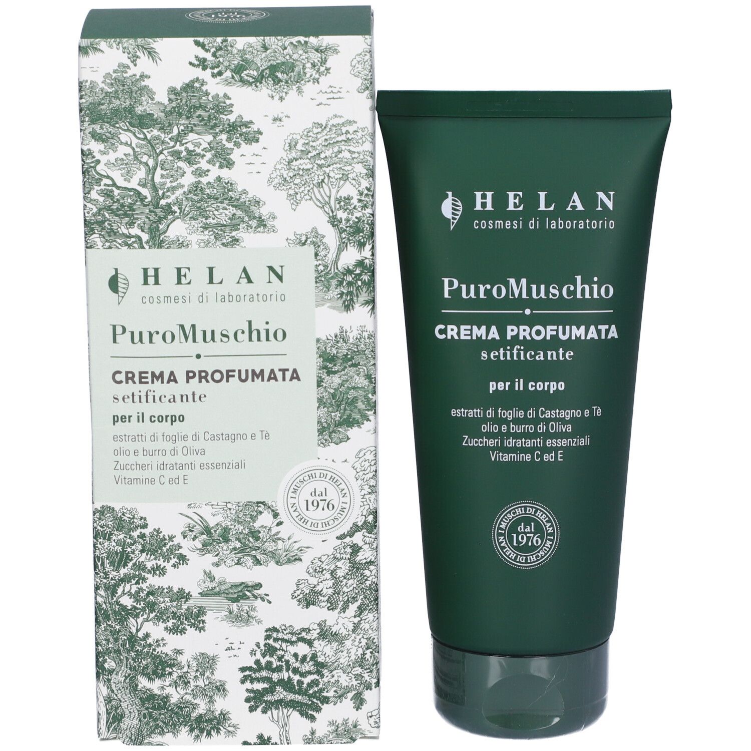 Confezione del prodotto. Tubo e scatola verdi. Marchio: Helan. Nome prodotto: PuroMuschio Crema Profumata Setificante.
