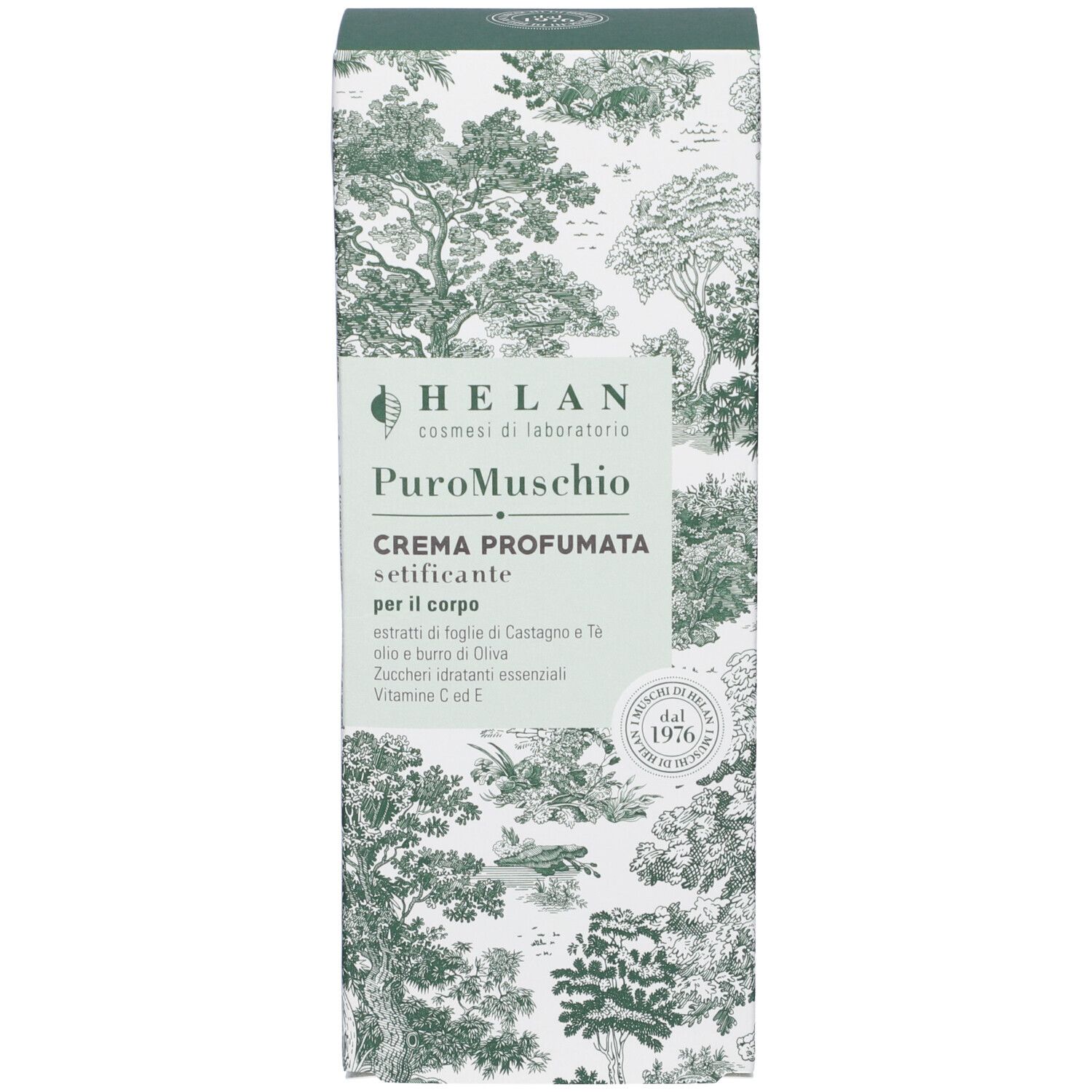Scatola rettangolare alta. Marchio: Helan. Nome prodotto: PuroMuschio Crema Profumata Setificante. Verde con testo bianco.