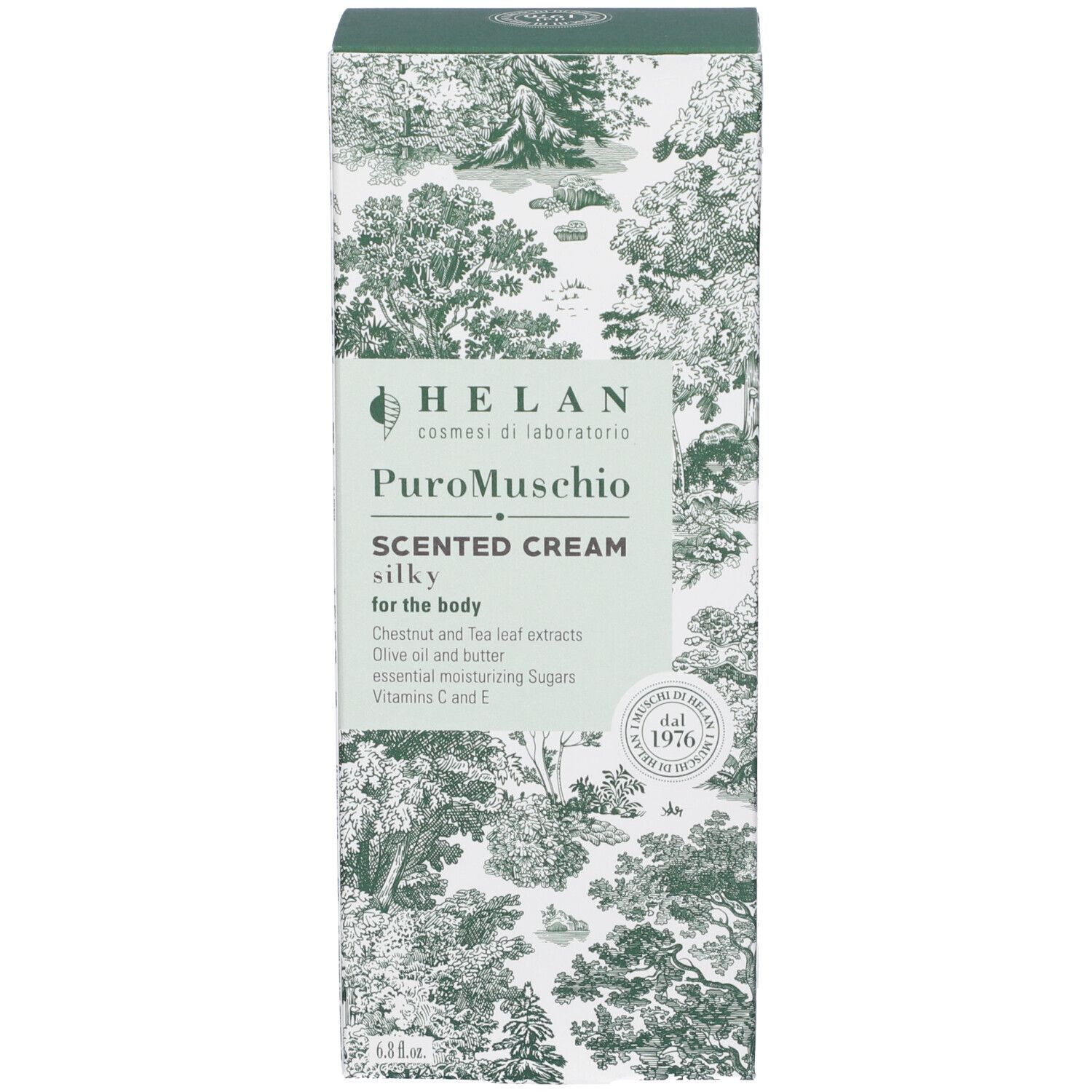 Scatola rettangolare alta. Marchio: Helan. Nome prodotto: Scented Cream silky for the body. Verde con testo bianco.