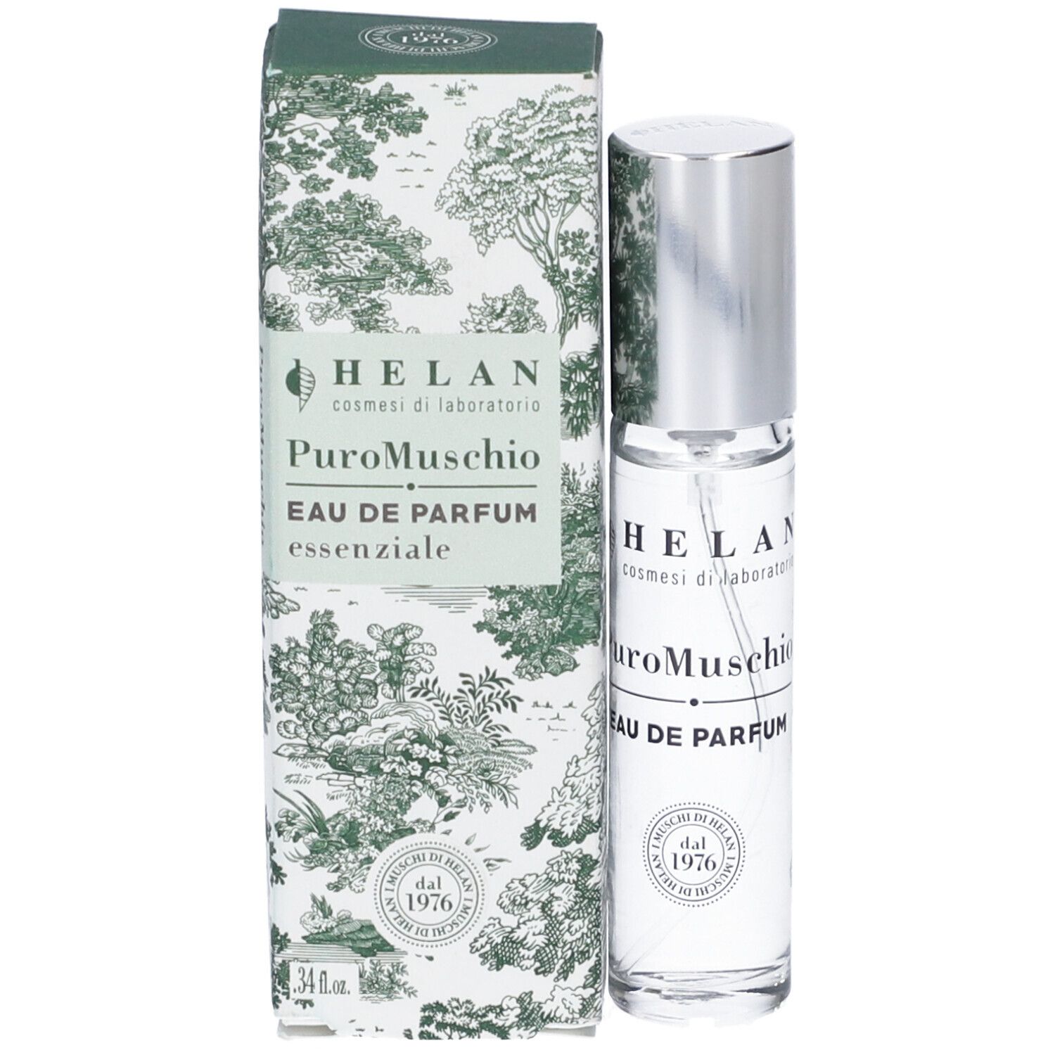 Flacone e confezione. Flacone: trasparente con tappo argentato. Confezione: verde con motivo floreale. Scritte.