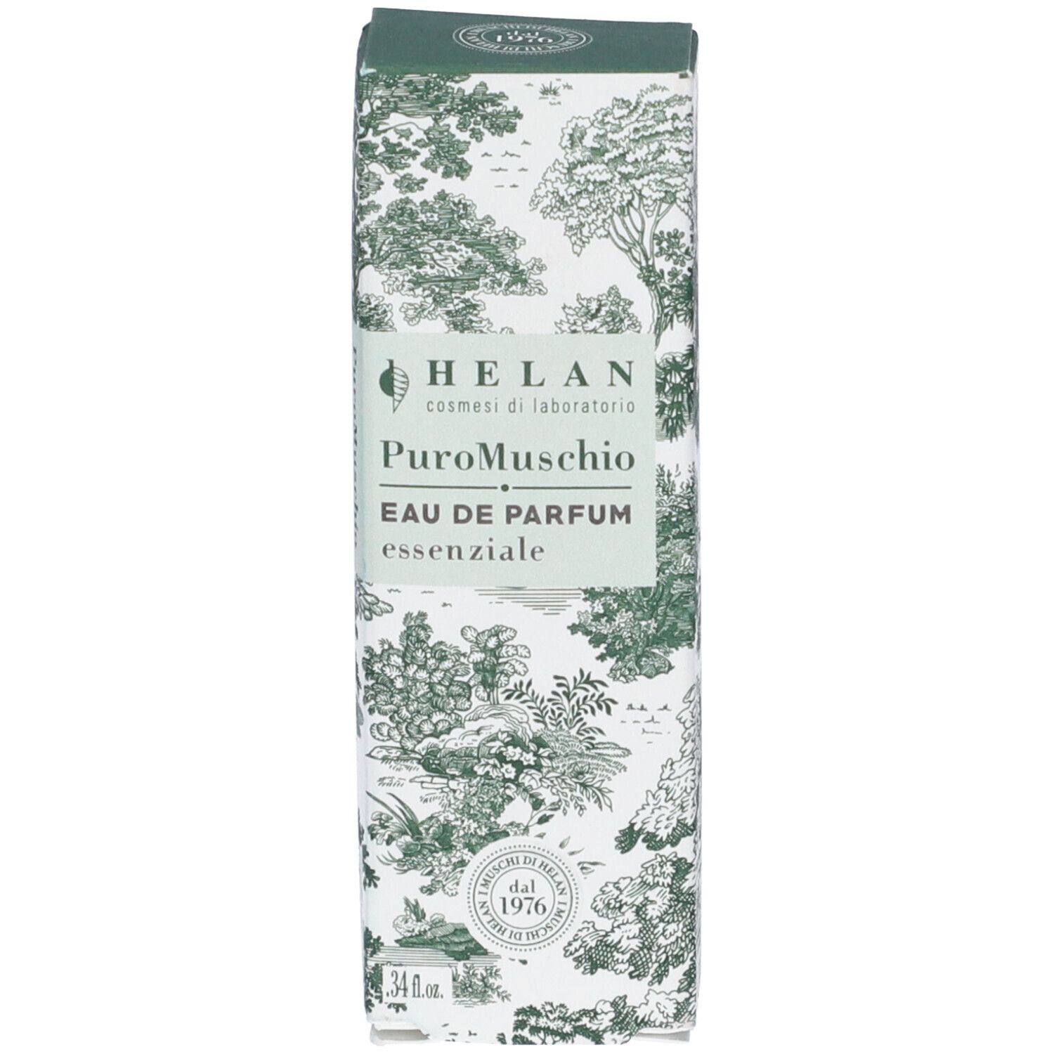 Confezione. Verde con motivo floreale. Scritte: Helan, PuroMuschio, Eau de Parfum essenziale. Logo: dal 1976.