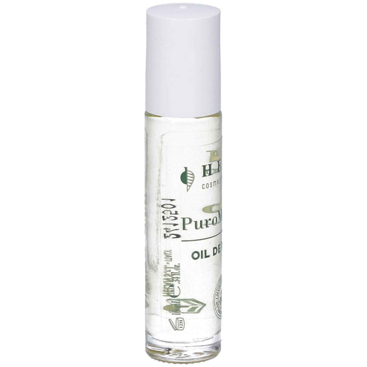 Flacone roll-on trasparente con tappo bianco. Scritta: Helan, PuroMuschio, OIL DE PARFUM. Etichetta con testo e logo.
